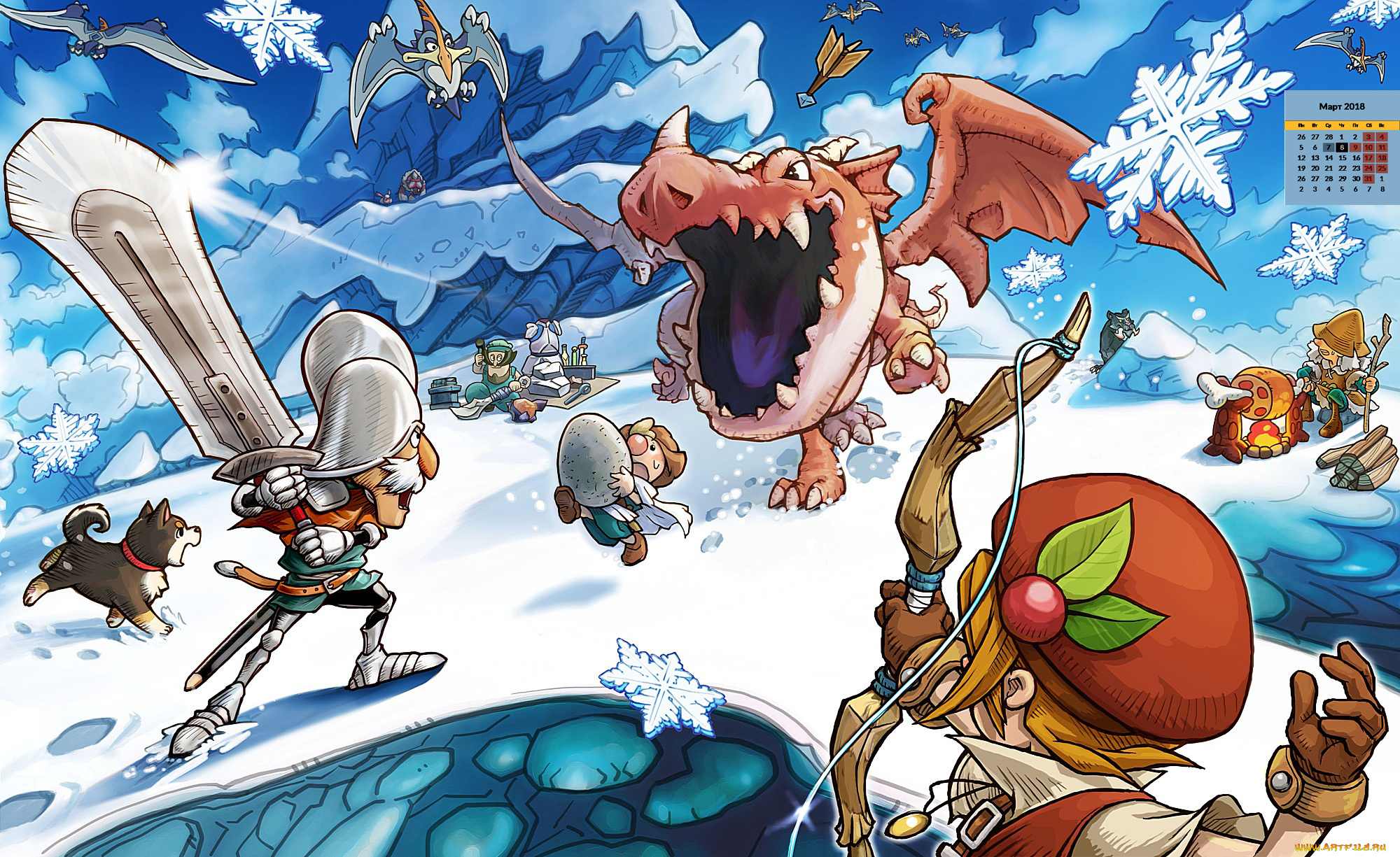 календари, фэнтези, снежинка, существо, воин, 2018, собака, меч