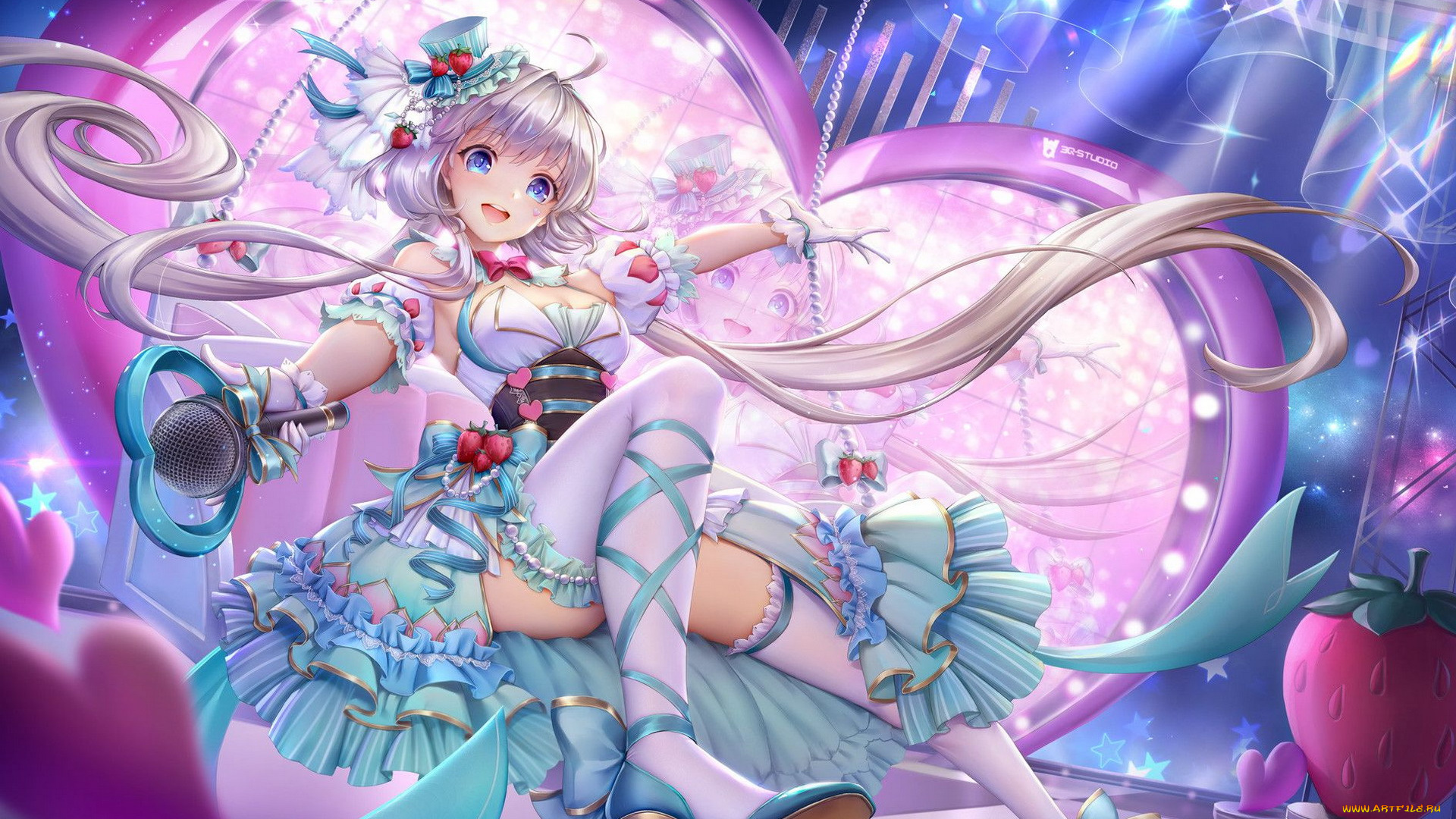 аниме, музыка, девушка, клубника, микрофон, шляпка