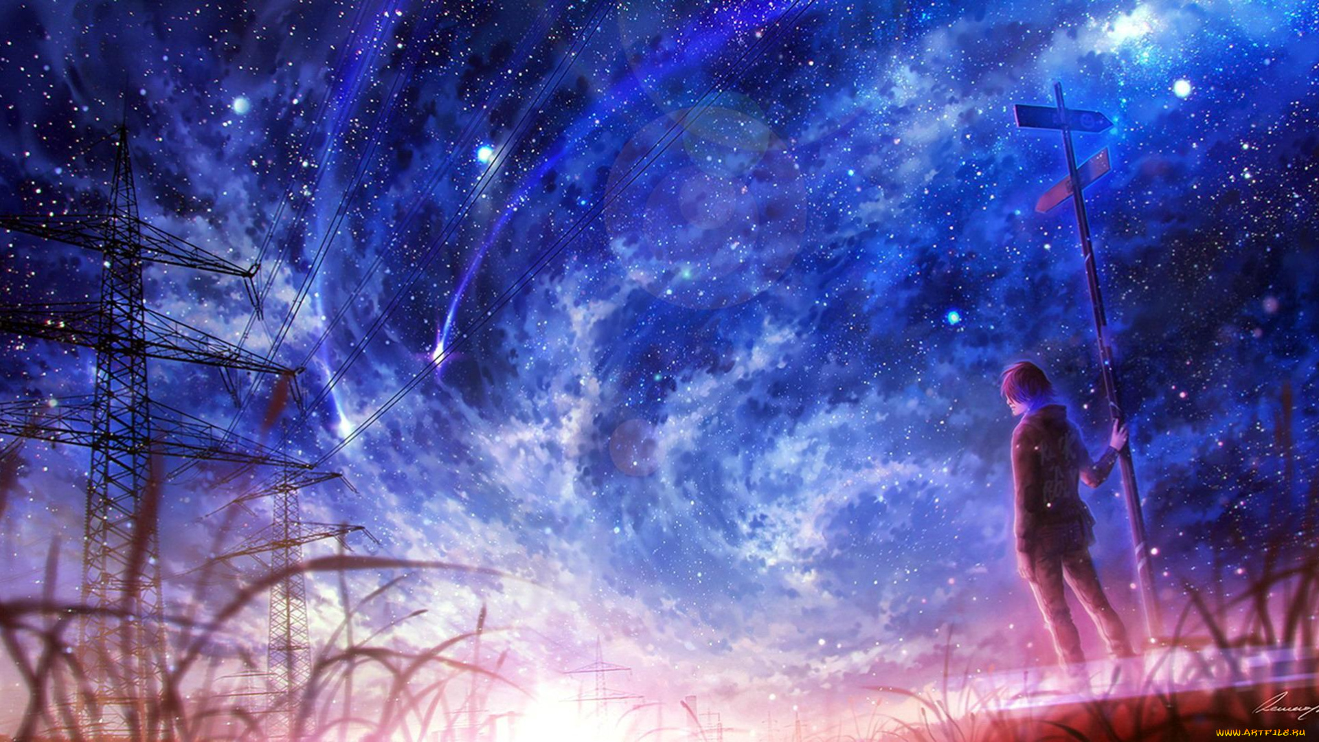 фэнтези, люди, столб, парень, вышки, провода, небо, космос
