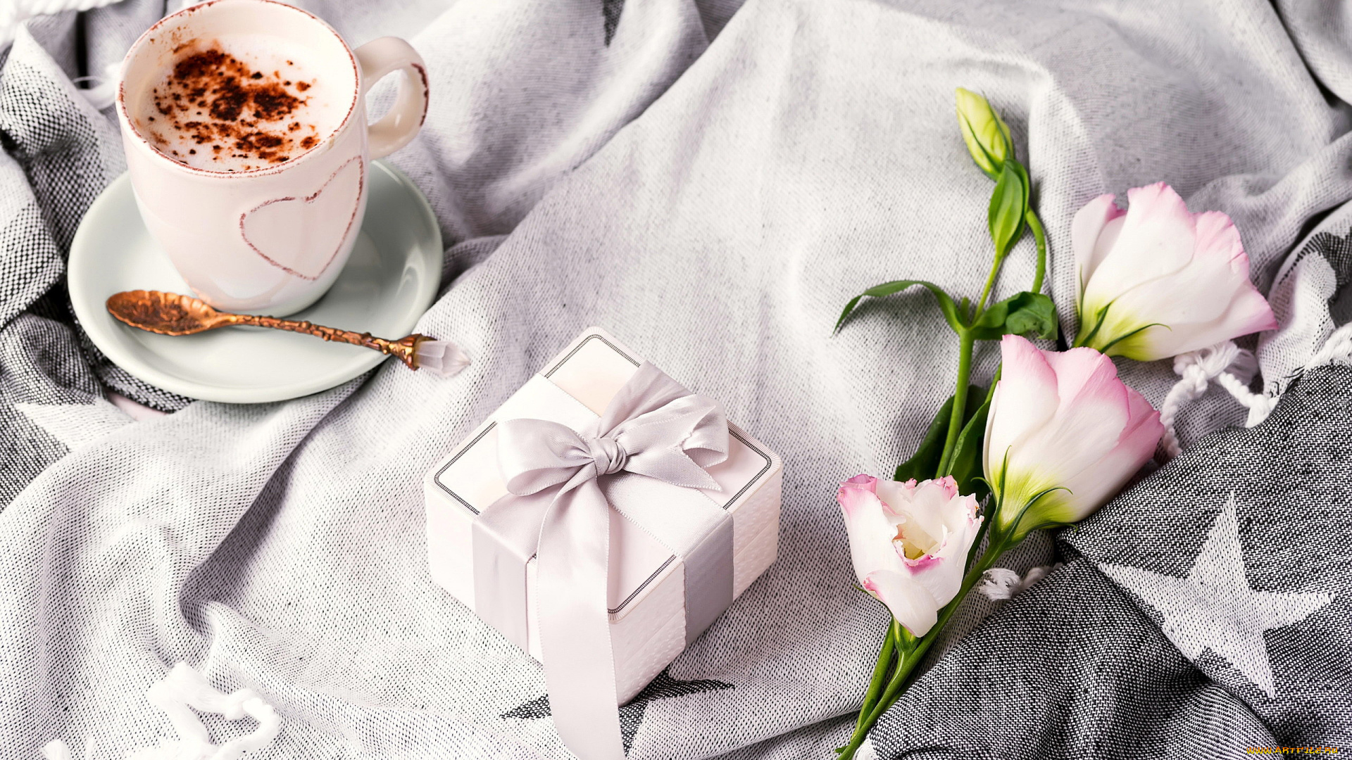 праздничные, подарки, и, коробочки, бант, лента, кофе, подарок, эустома