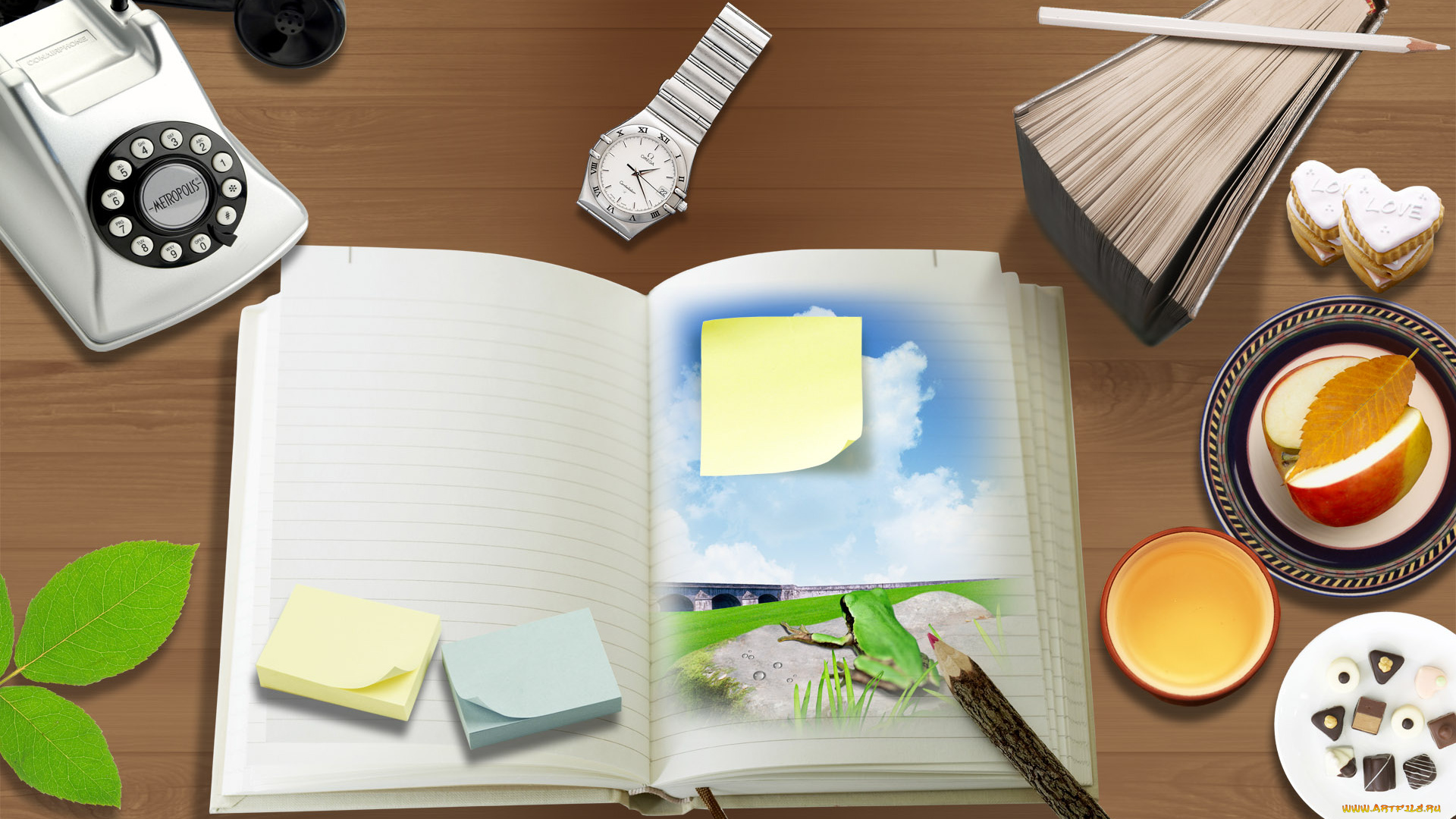 разное, компьютерный, дизайн, книга, карандаши, еда, телефон, часы, листья, блокнот