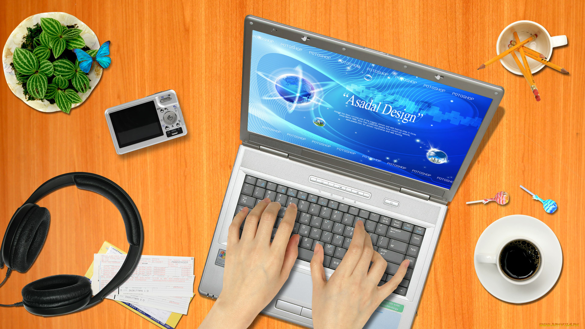 разное, компьютерный, дизайн, наушники, фотоаппарат, руки, ноутбук, растение