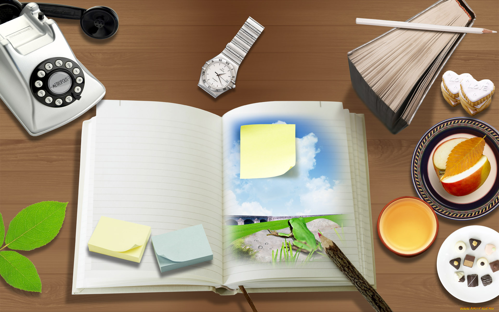 разное, компьютерный, дизайн, книга, карандаши, еда, телефон, часы, листья, блокнот