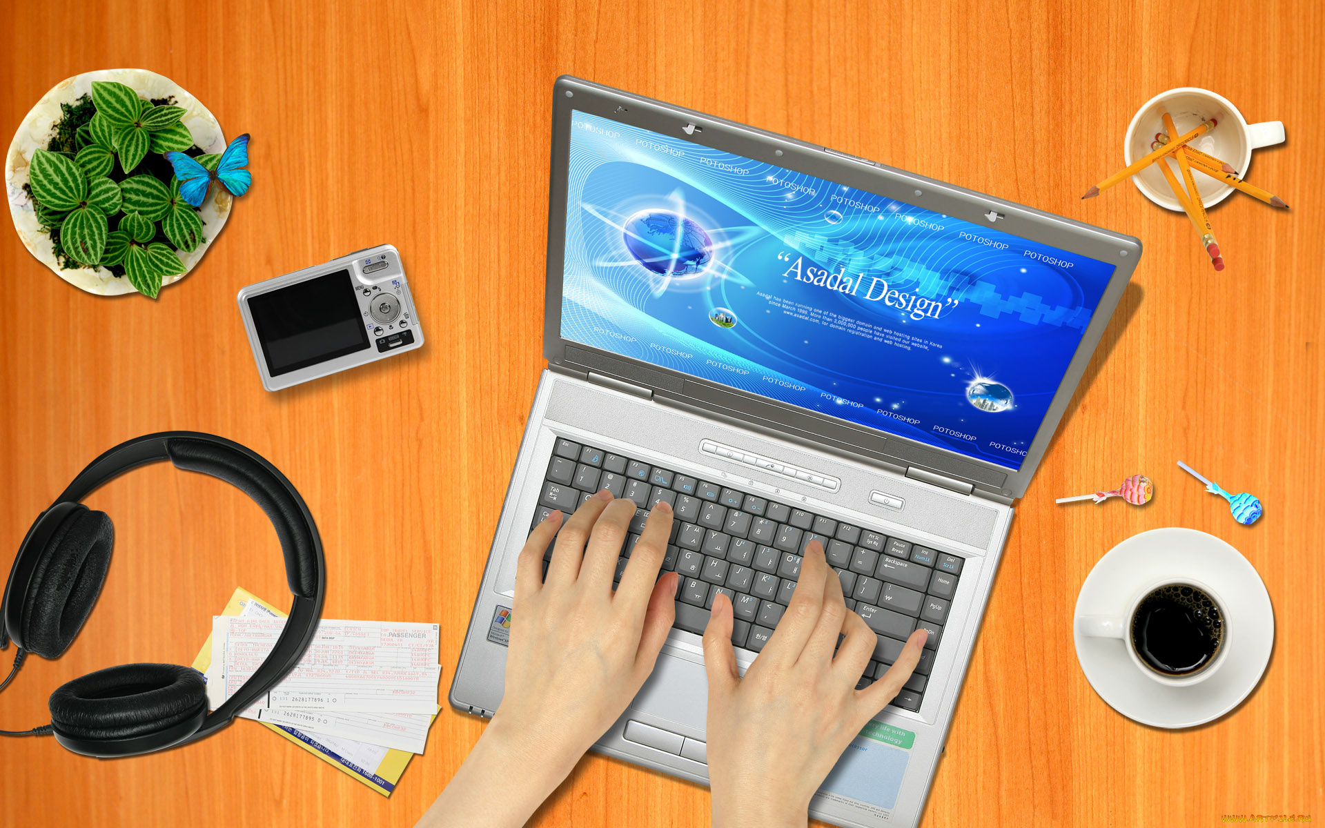 разное, компьютерный, дизайн, наушники, фотоаппарат, руки, ноутбук, растение