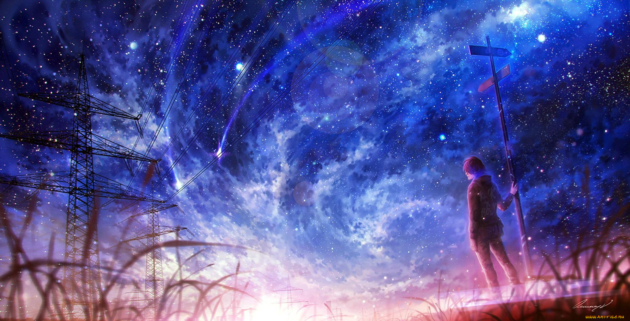 фэнтези, люди, столб, парень, вышки, провода, небо, космос