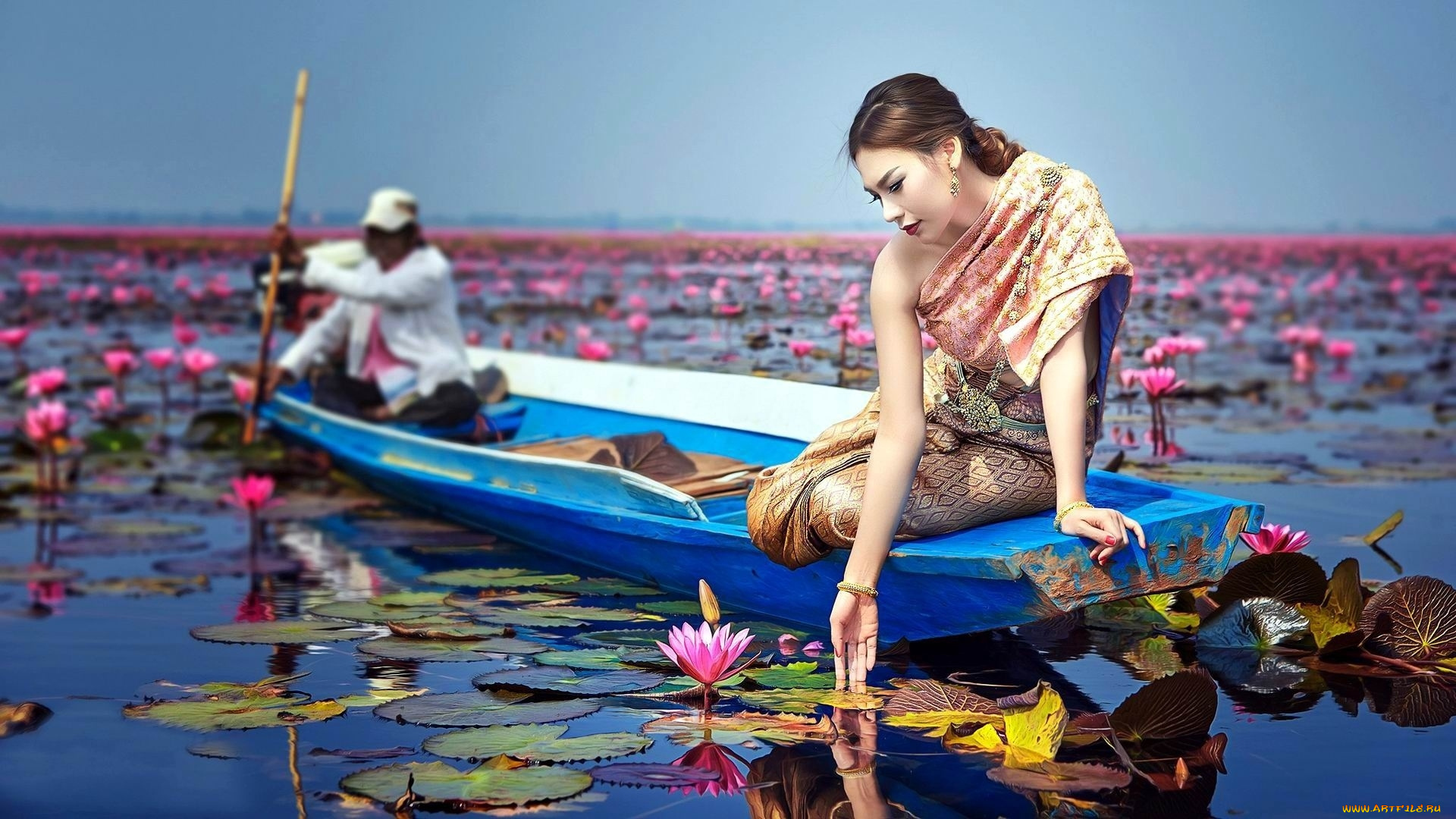 девушки, -, азиатки, лодка, азиатка, лотосы