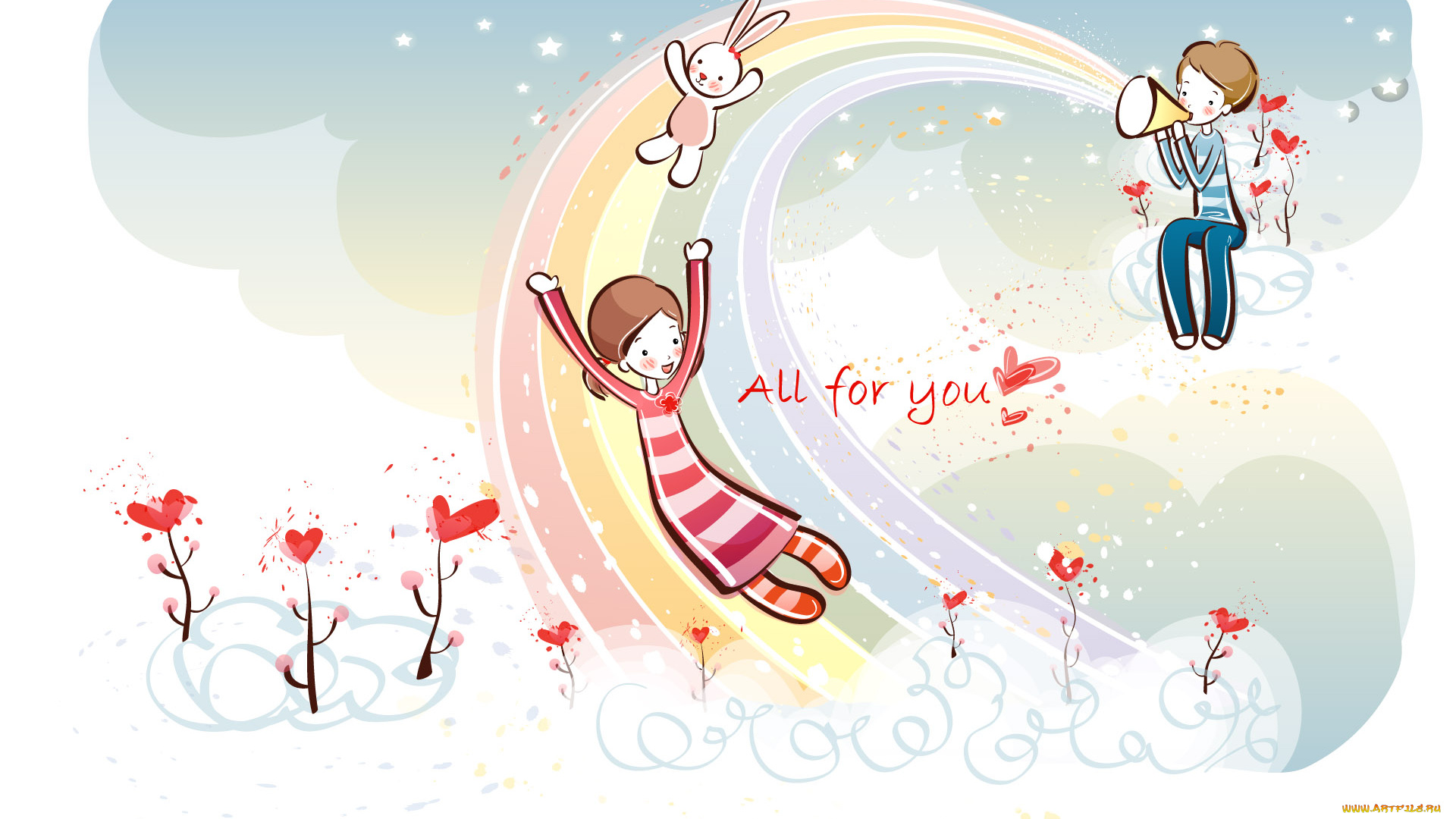 рисованное, дети, мальчик, девочка, сердечки, зайчик, радуга