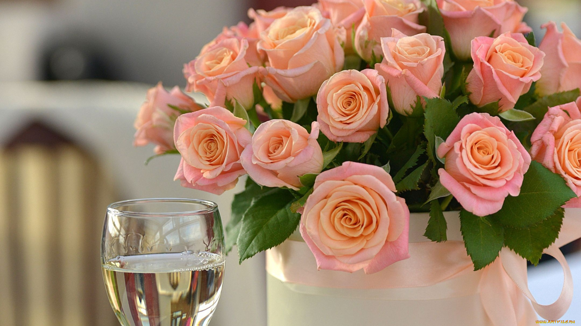 цветы, розы, розовые, букет, лента, бокал