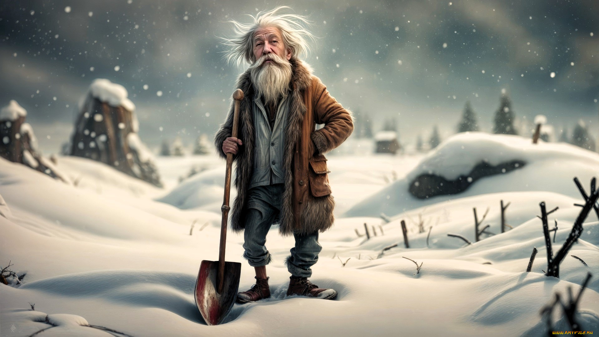 3д, графика, люди, , people, дед, старик, лопата, снег, зима, деревня