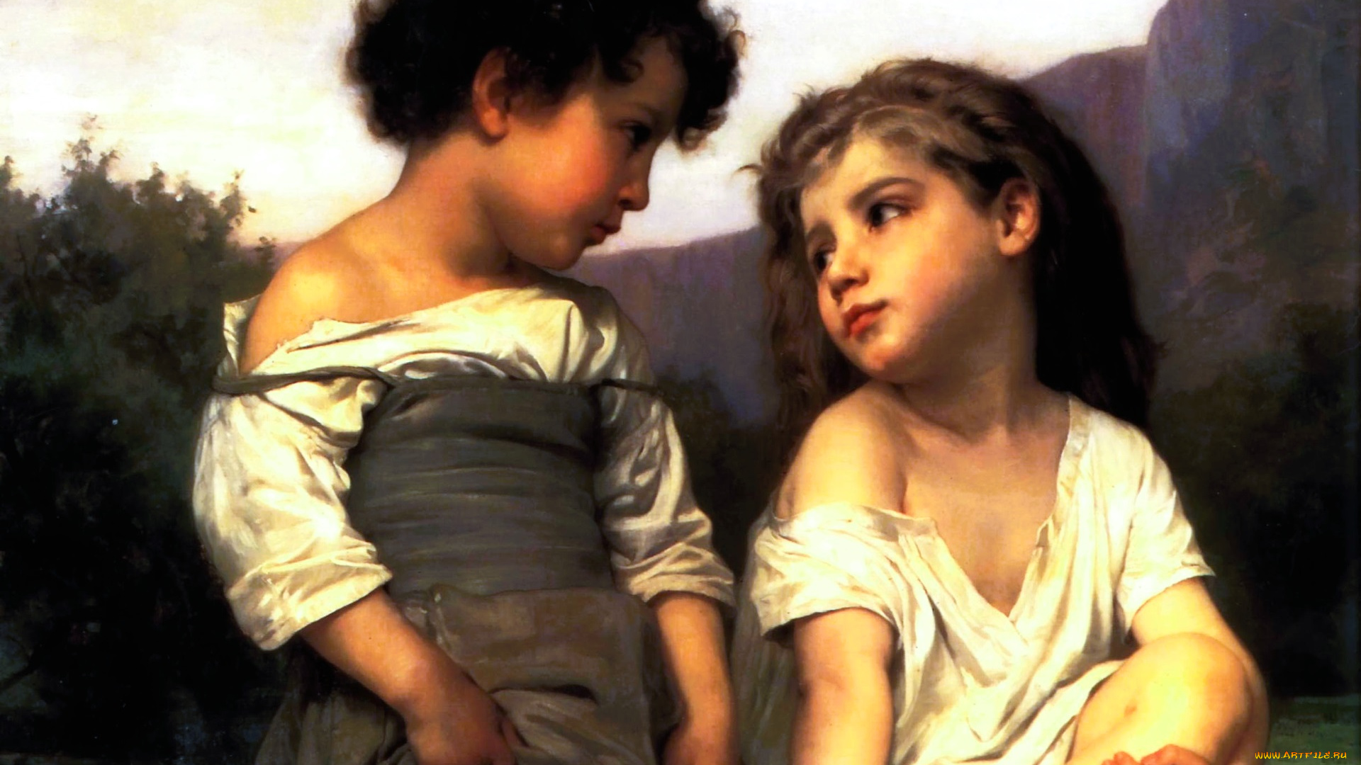 adolphe-william, bouguereau, рисованное, дети, горы, деревья