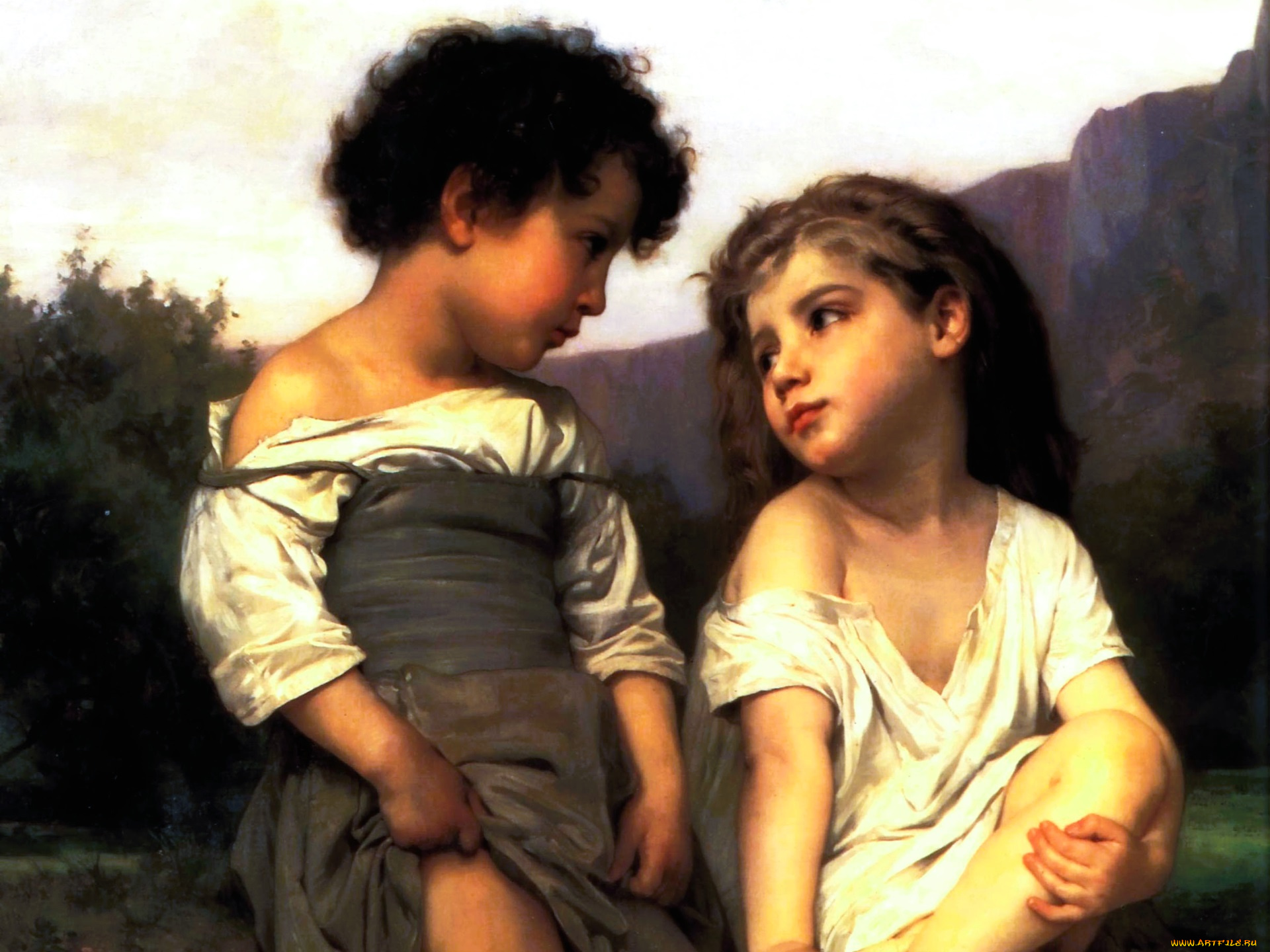adolphe-william, bouguereau, рисованное, дети, горы, деревья