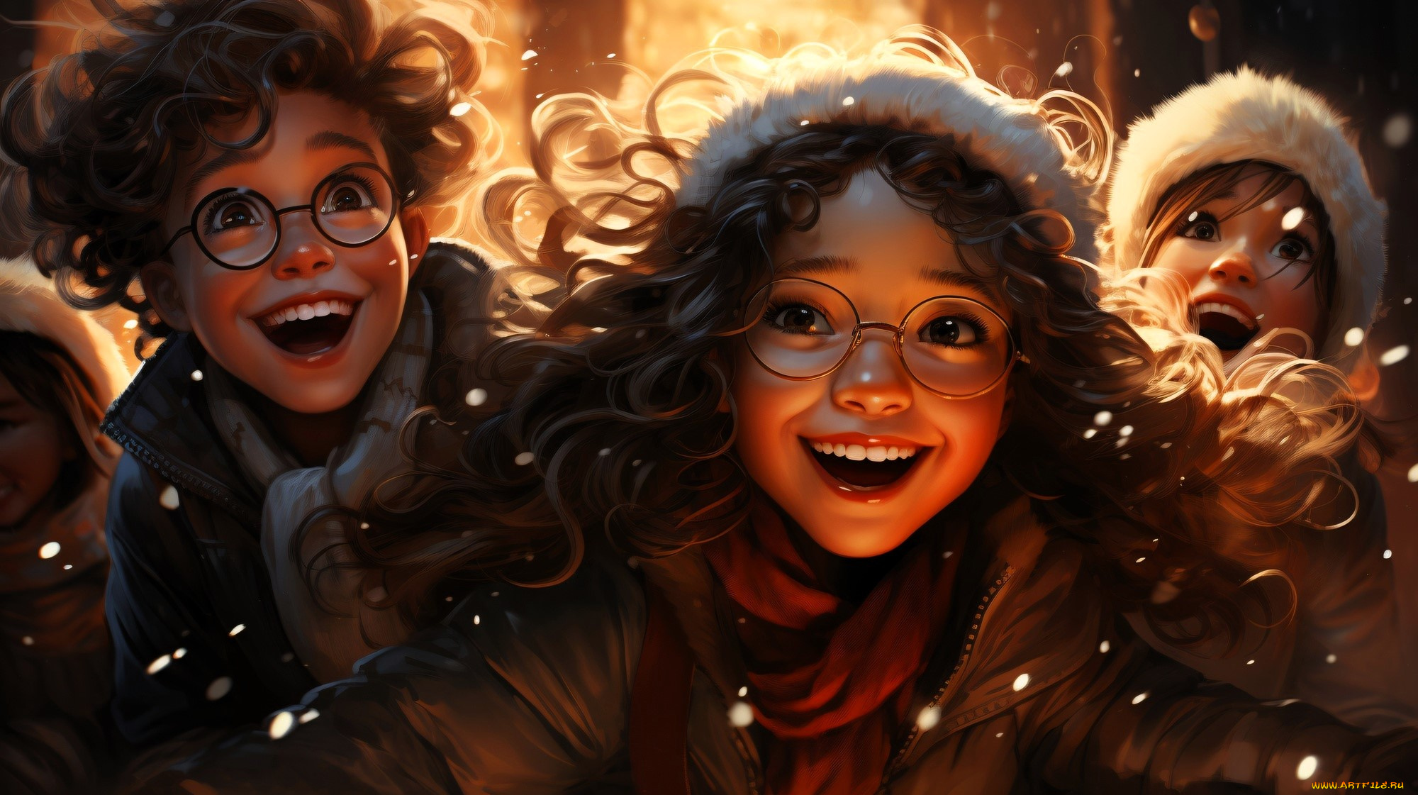 рисованное, люди, девочки, лица, очки, радость