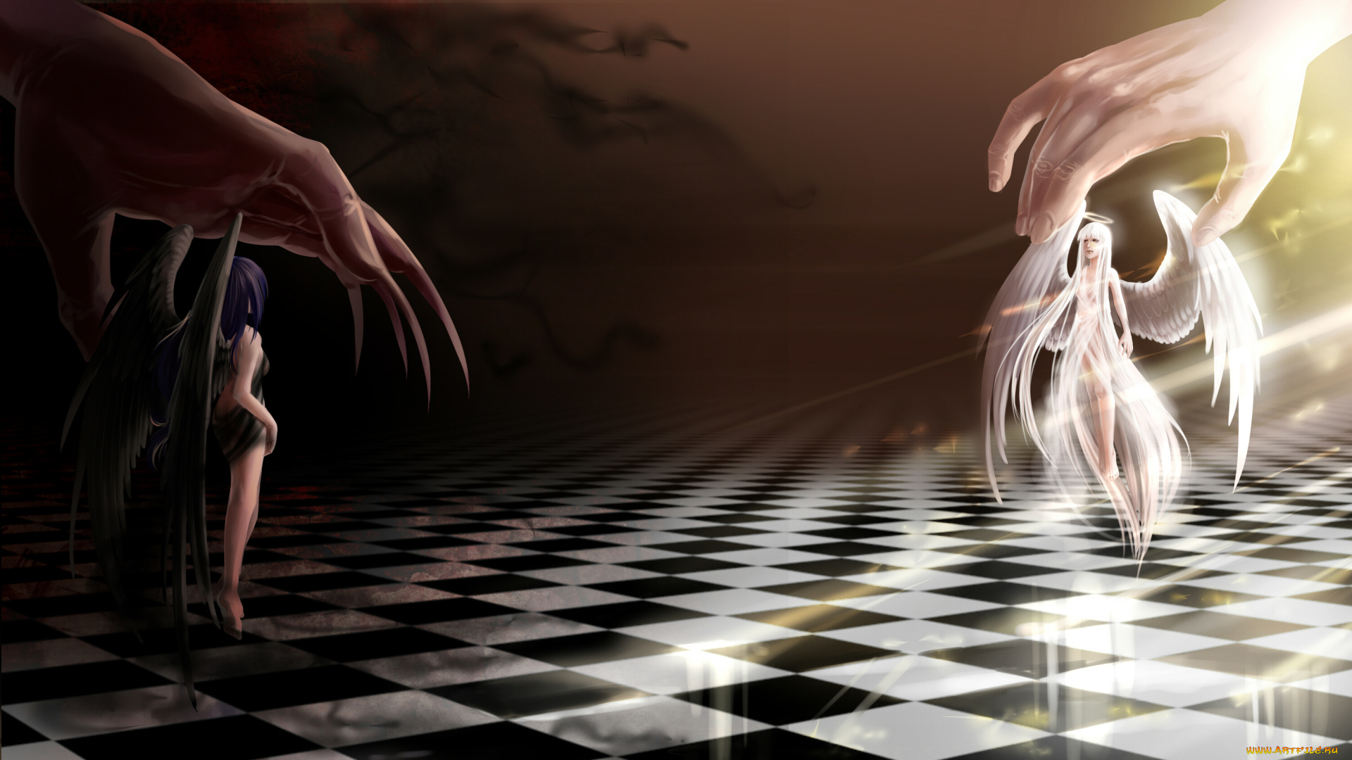 аниме, -angels, &, demons, шахматная, доска, демон, руки, ангел