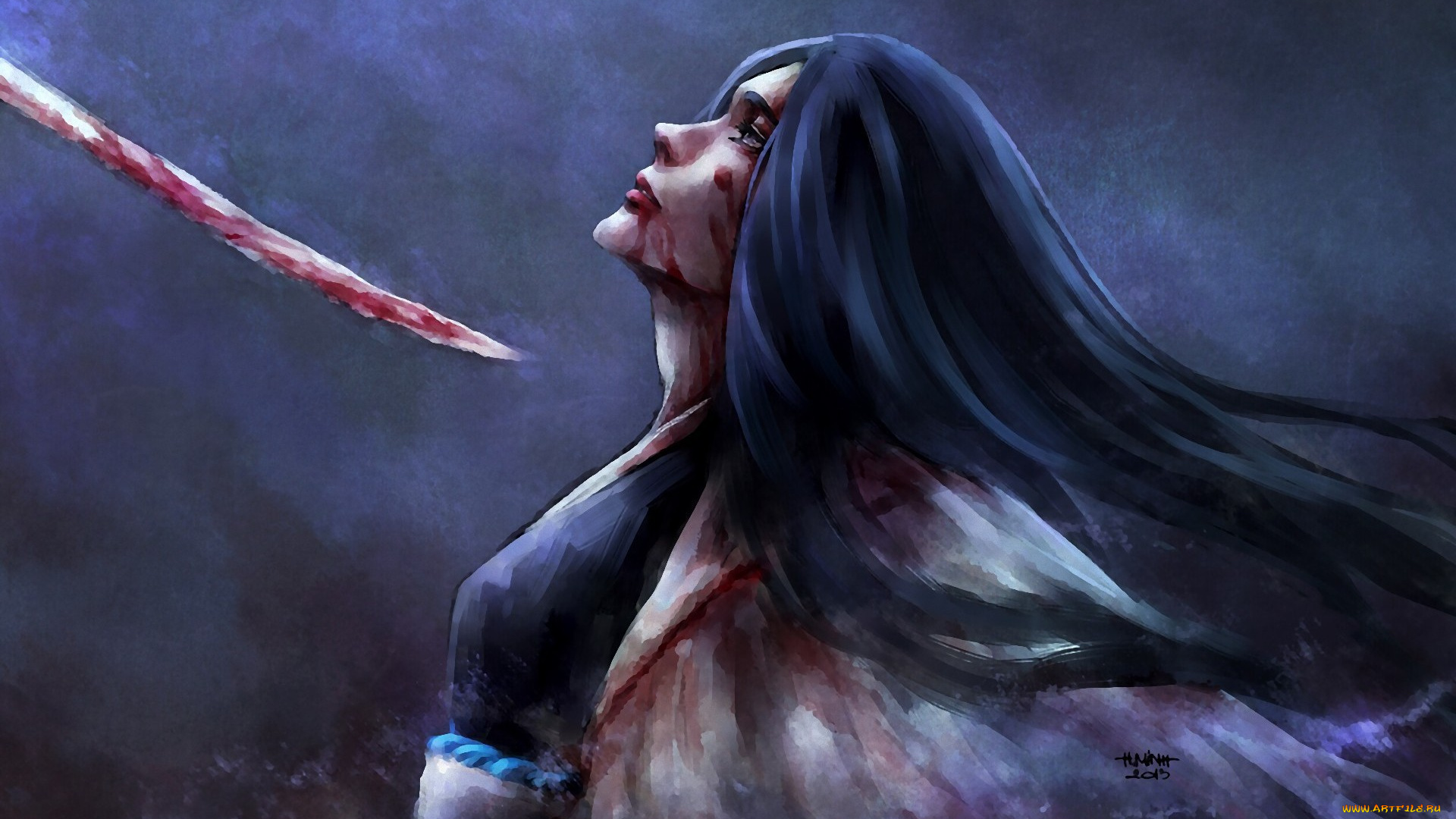 аниме, -weapon, , blood, &, technology, волосы, профиль, меч, кровь