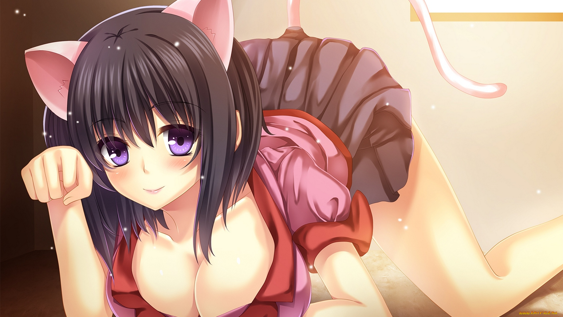 аниме, bakemonogatari, hanekawa, tsubasa, девушка, смущение, улыбка, поза, грудь, art, toshi, взгляд, неко, ушки, хвост, кошка, форма