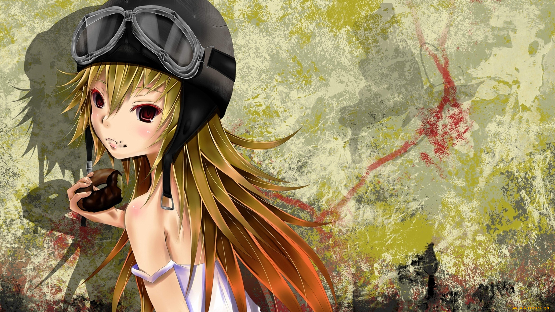 аниме, bakemonogatari, oshino, shinobu, пончик, фон, шлем, девушка, еда