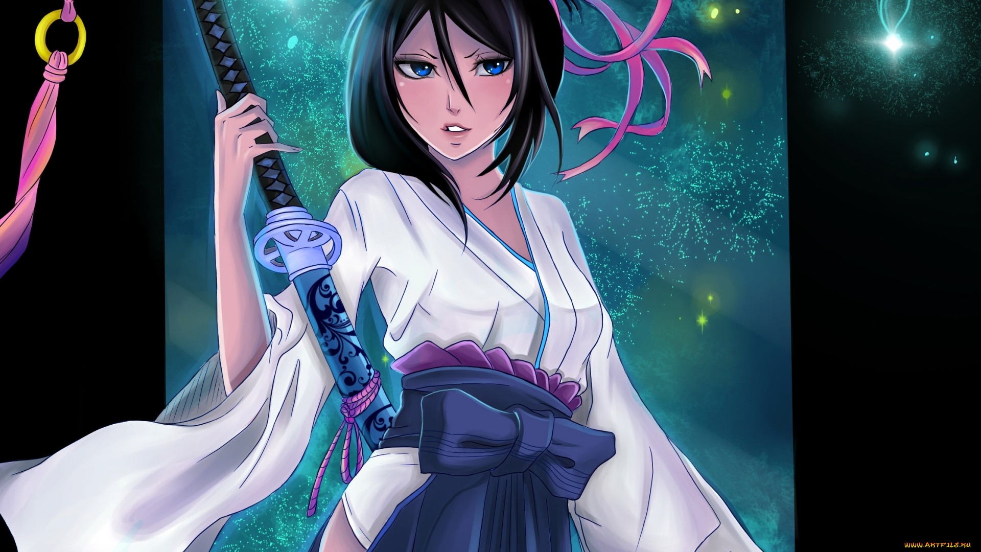 аниме, bleach, ленты, арт, брюнетка, занпакто, блич, девушка, рукия, кучики, взгляд