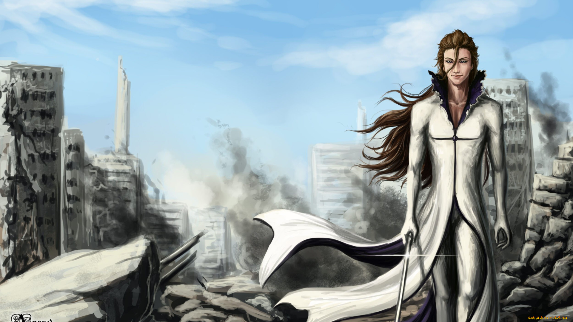 аниме, bleach, небо, облака, арт, айзен, соске, шатен, парень, руины, дым, камни, развалины, улыбка, белый, костюм