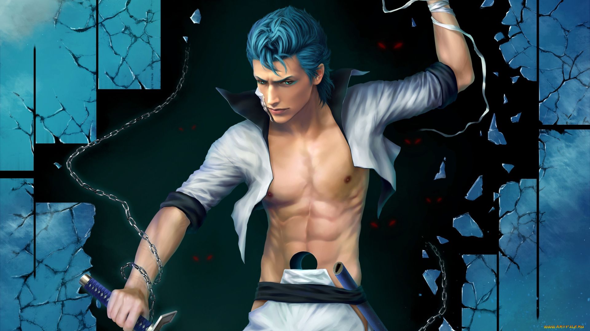 аниме, bleach, осколки, лента, меч, цепь, глаза, синие, волосы, парень, эспада, арт, секста, аранкар, пустой, гримджоу, джагерджак
