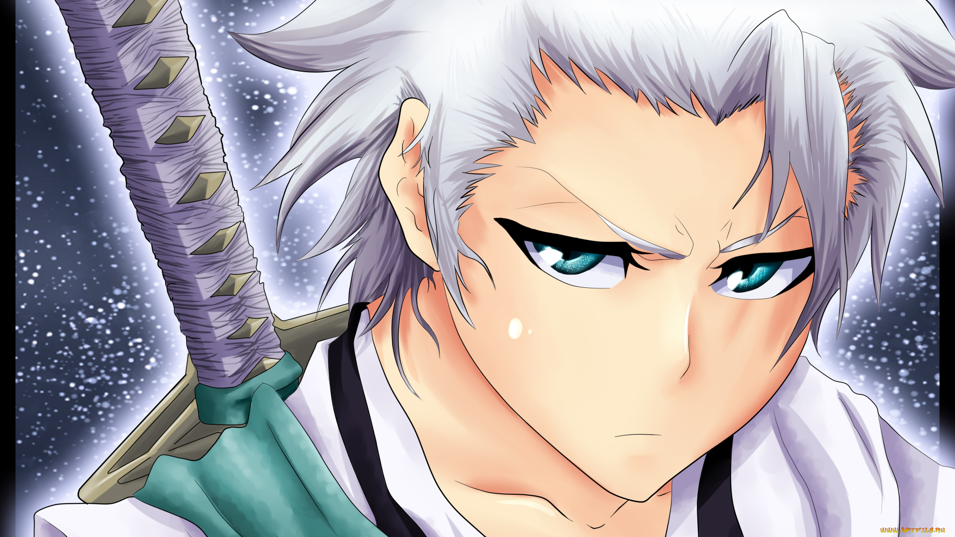 аниме, bleach, снег, занпакто, тоуширо, взгляд, капитан, хитцугая, белые, волосы, хмурый, 10, отряд