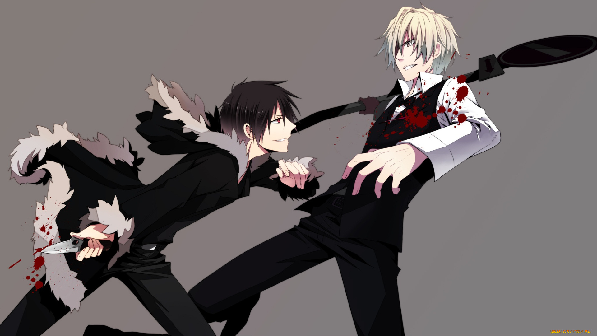 аниме, dyurarara, драка, бармен, кровь, дюрарара, улыбка, хейваджима, шизуо, орихара, изая, парни, враги, знак, блоха