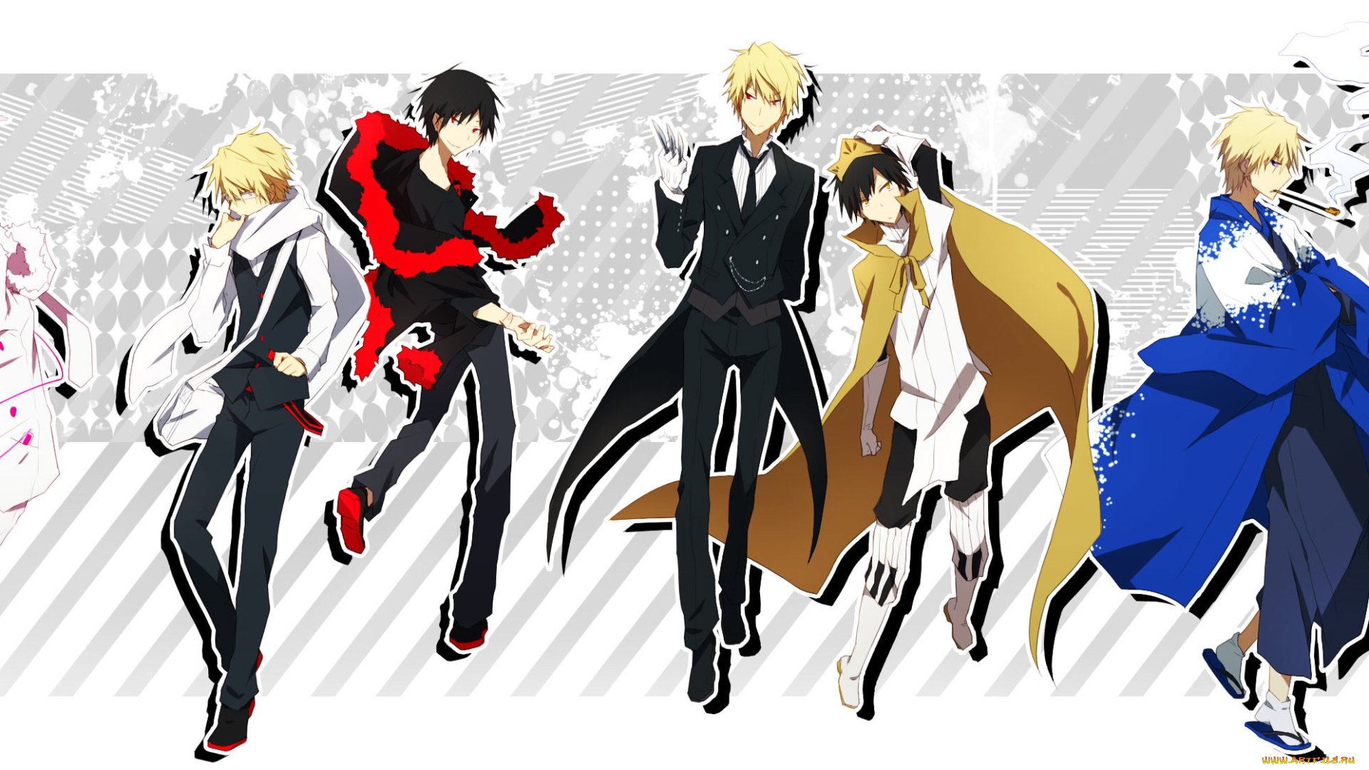 аниме, dyurarara, изая, орихара, персонажи, парни, дюрарара, брюнеты, блондины, ножи, белый, фон, полоски, шизуо, хейваджима