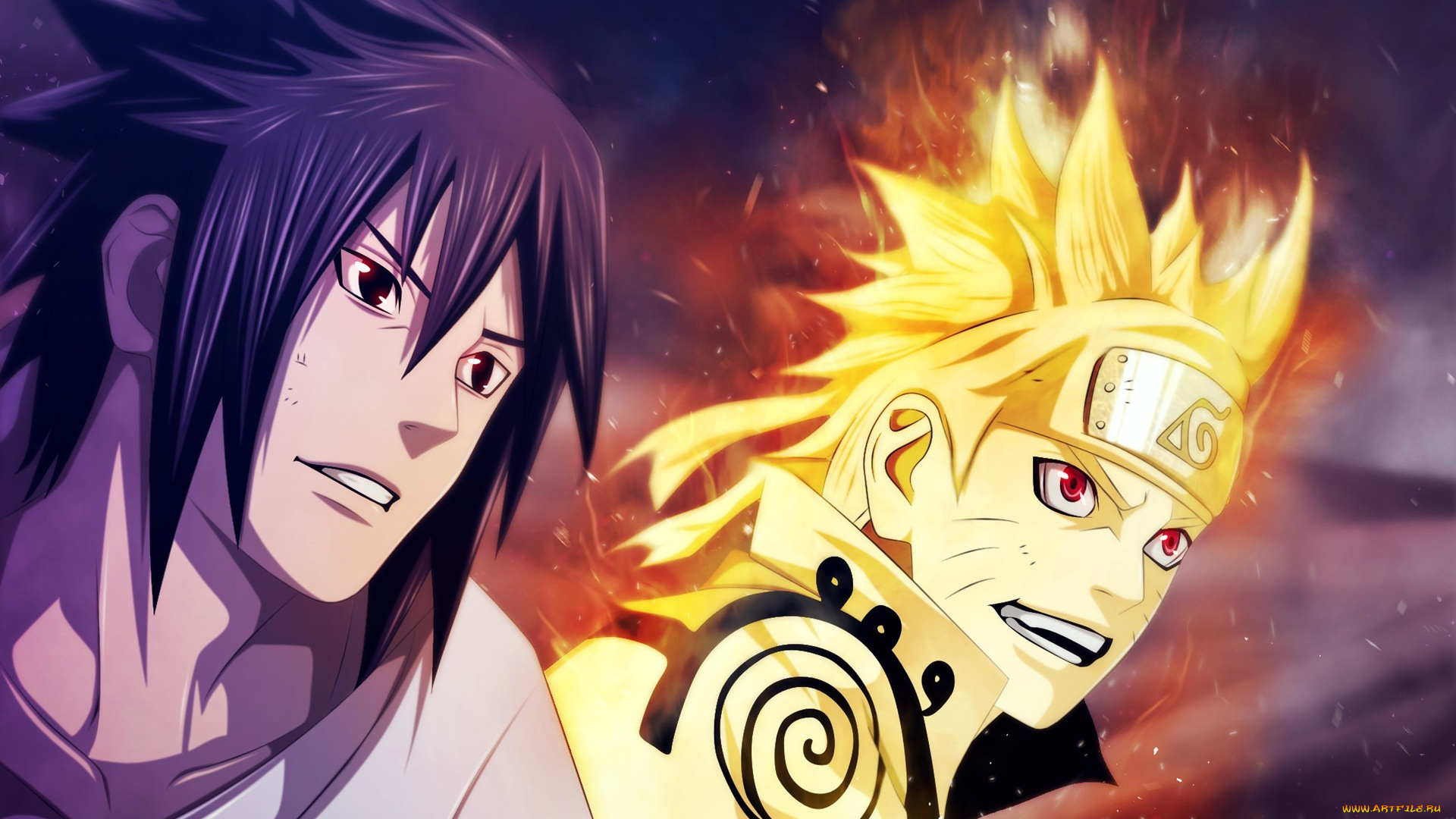 аниме, naruto, блондин, брюнет, парни, искры, небо, улыбка, чакра, пламя, режим, кьюби, узумаки, наруто, саске, учиха