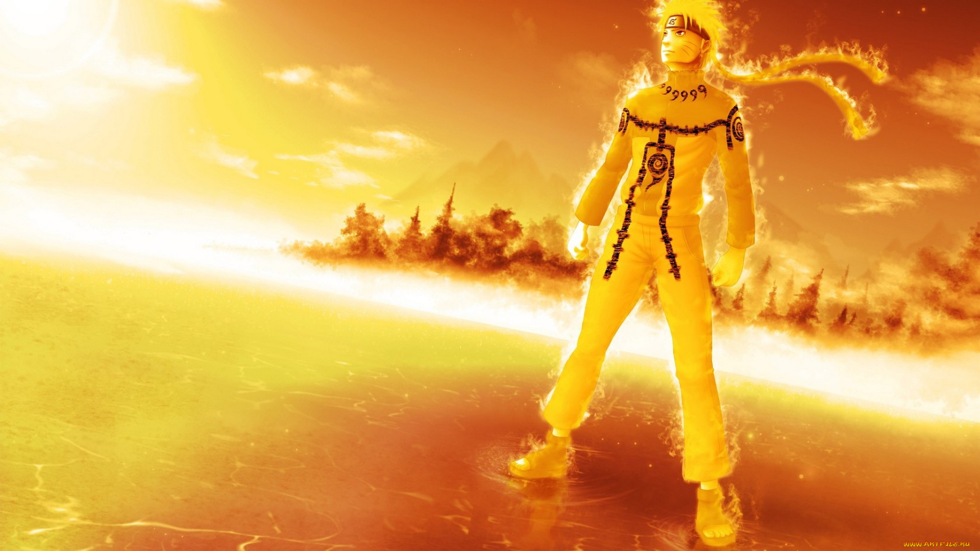 аниме, naruto, блондин, джинчурики, парень, ярко, жёлтый, режим, кьюби, ели, солнце, наруто