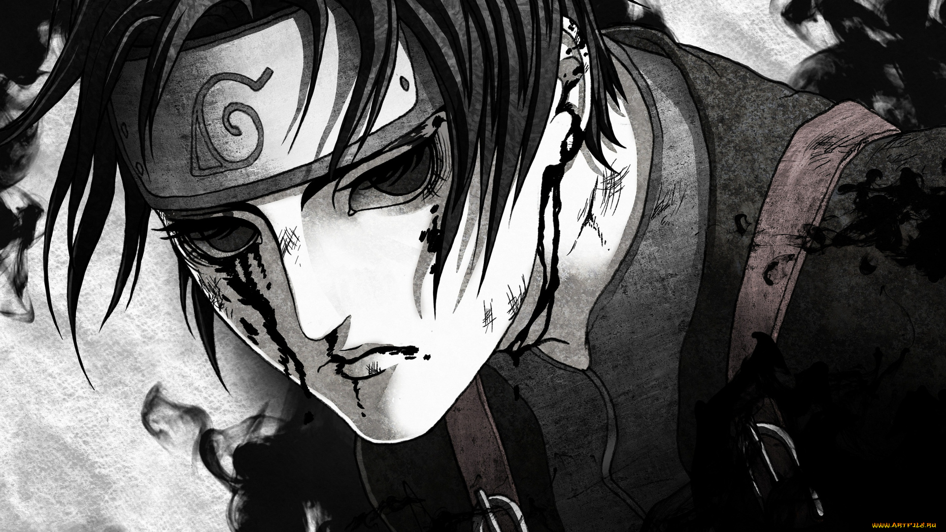 аниме, naruto, чёрно-белая, взгляд, лицо, парень, брюнет, арт, кровь, корень, анбу, лист, шиноби, сай