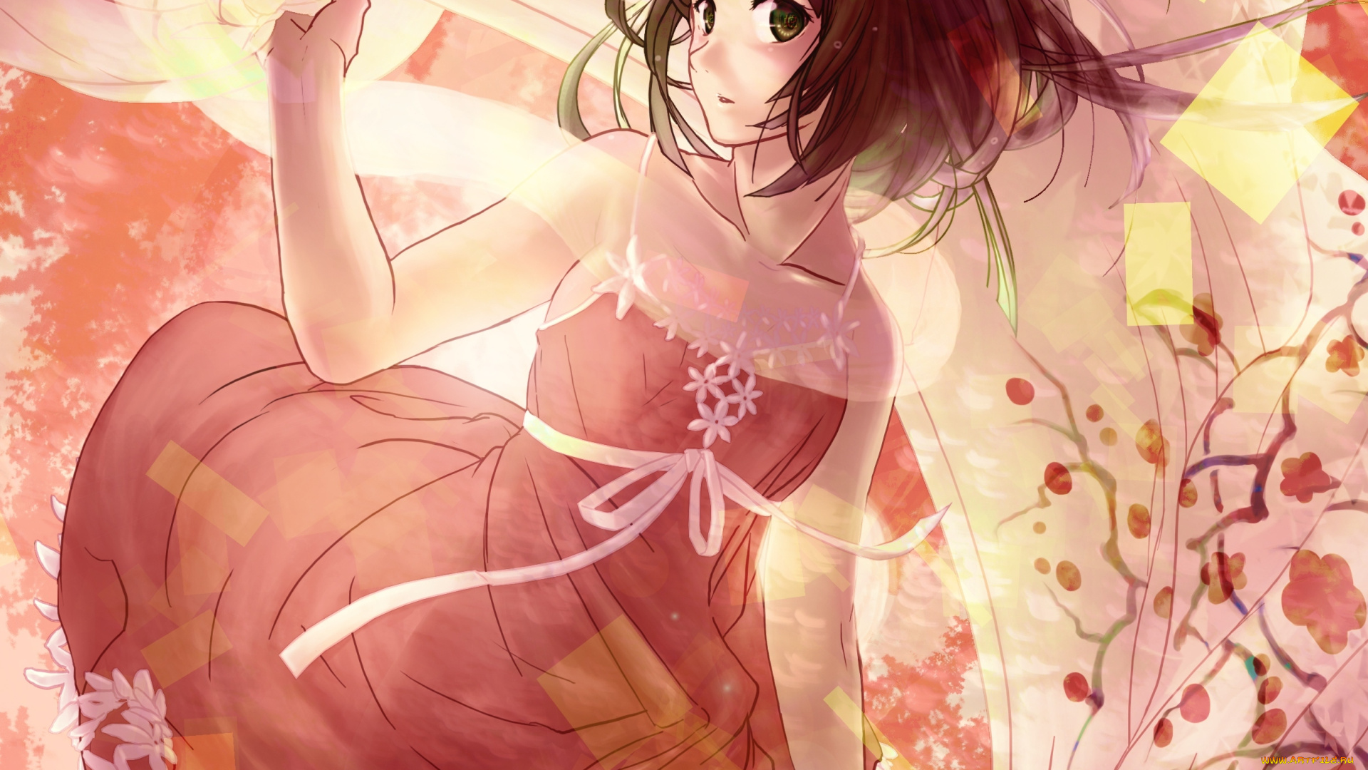 bakemonogatari, аниме, арт, kisaragi, yukiemirio, платье, шаль, девушка, sengoku, nadeko, цветы, лента