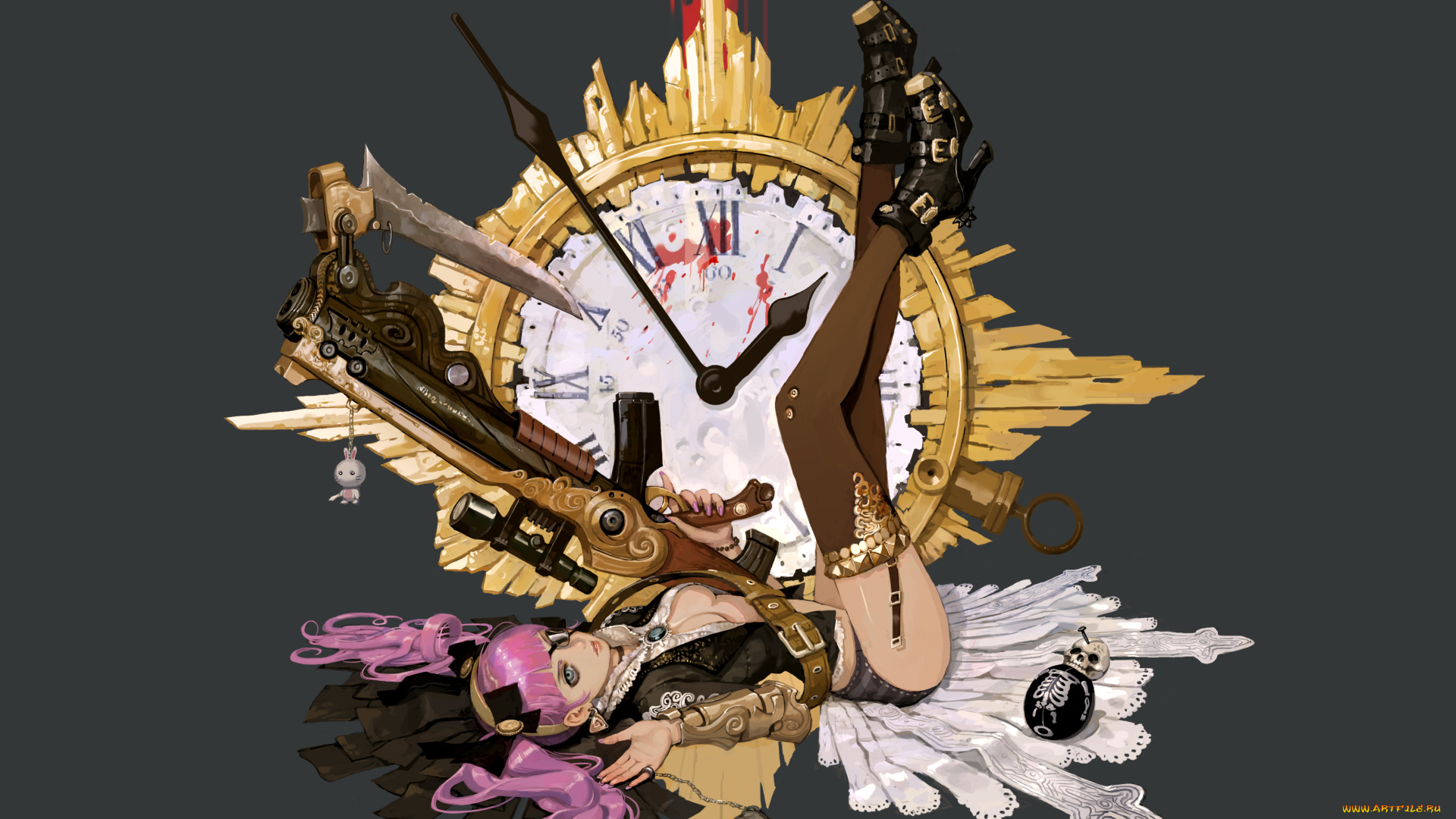 by, inshoo, аниме, -weapon, , blood, &, technology, стрелки, ленты, повязка, брелок, ружье, кровь, часы, девушка, граната, череп, прицел, крест, туфли, лезвие