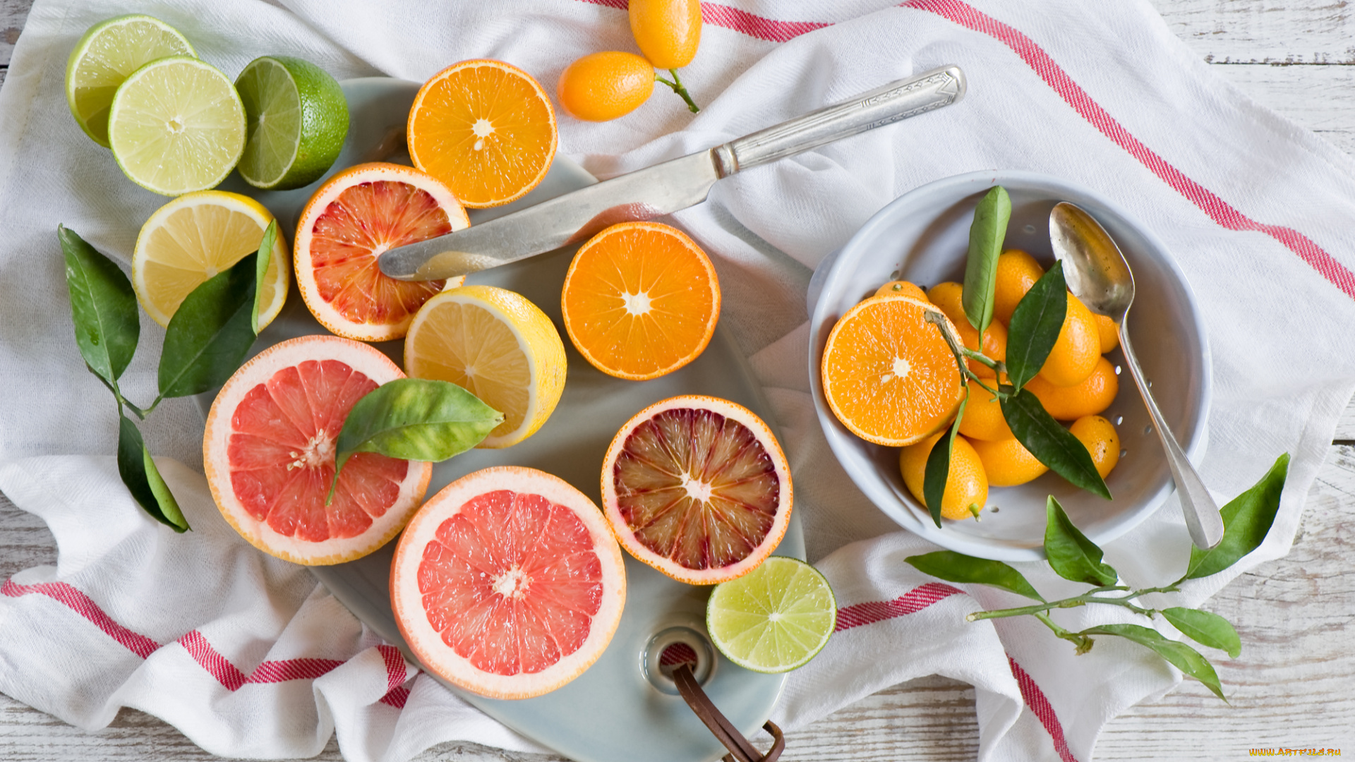 еда, цитрусы, сито, дольки, нож, листья, апельсин, лимон, салфетка