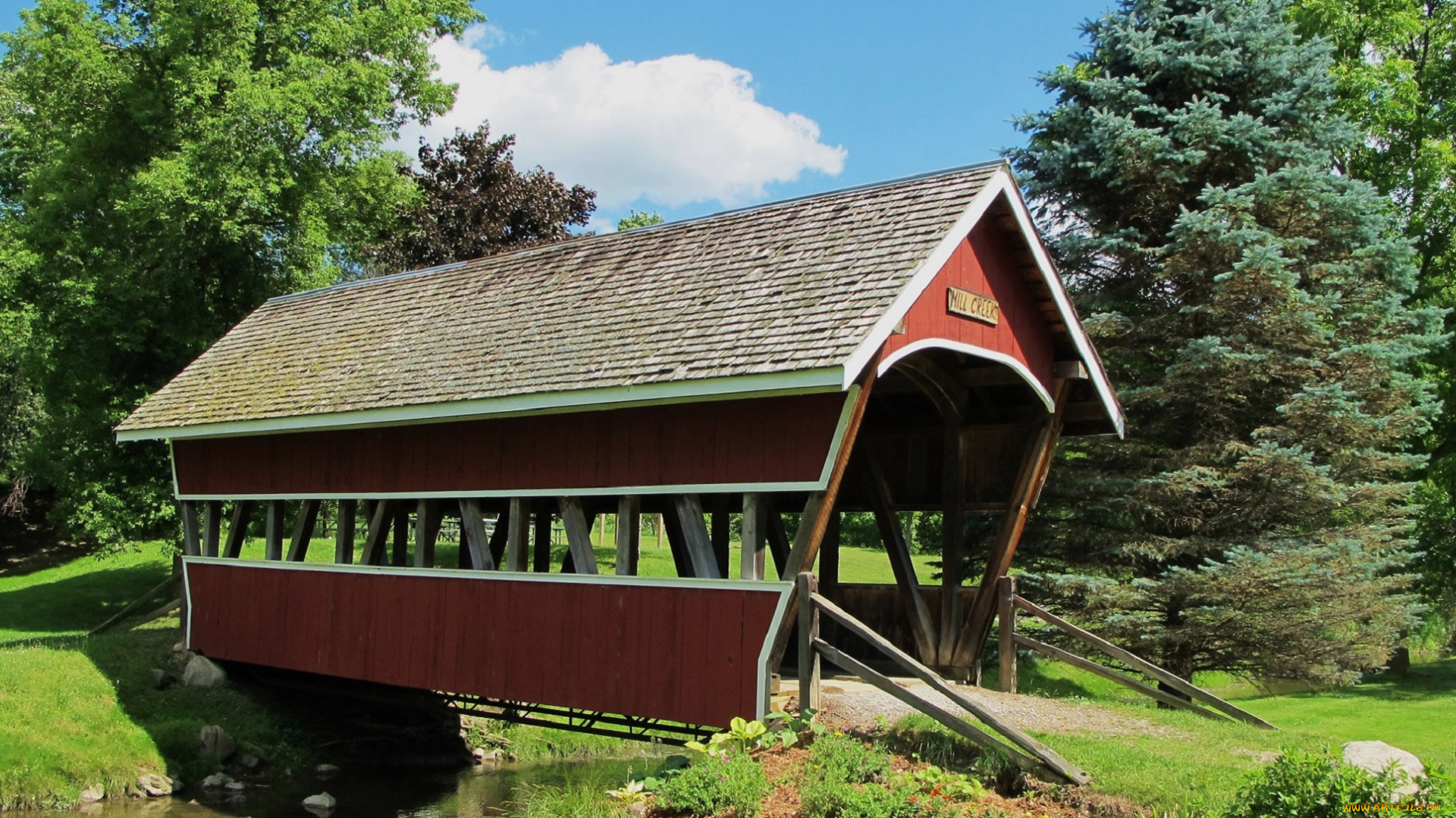 разное, сооружения, , постройки, небо, облака, мостик, зелень, трава, цветы, ели, деревья