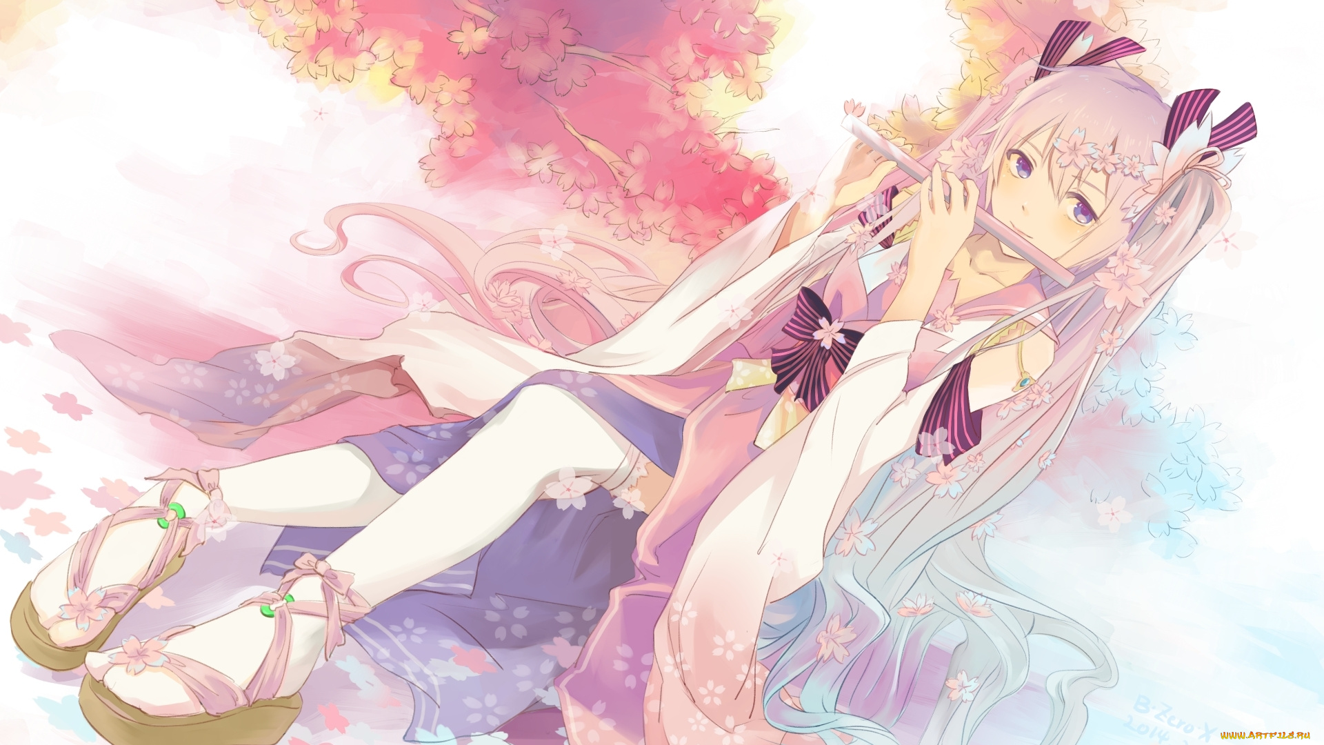 vocaloid, аниме, bzerox, арт, сакура, кимоно, лепестки, дерево, девушка, hatsune, miku
