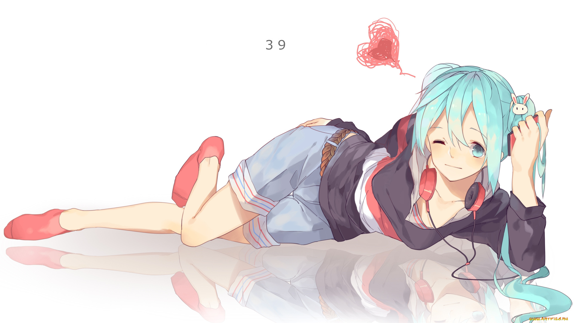 vocaloid, аниме, лежит, девушка, ryuutsuki, basetsu, hatsune, miku, подмигивает, поза, art