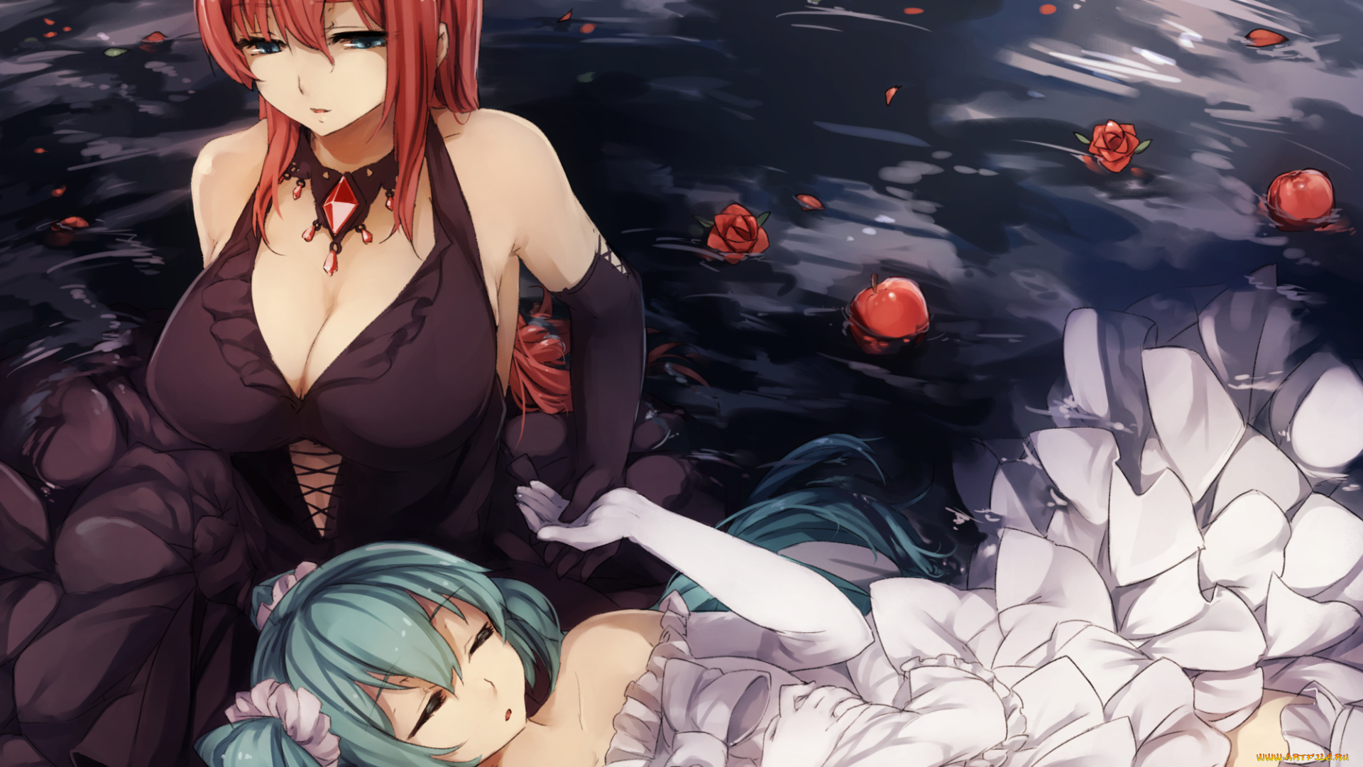 vocaloid, аниме, megurine, luka, девушки, hatsune, miku, цветы, яблоки, вода, грудь, mukuro238, kyouya, арт