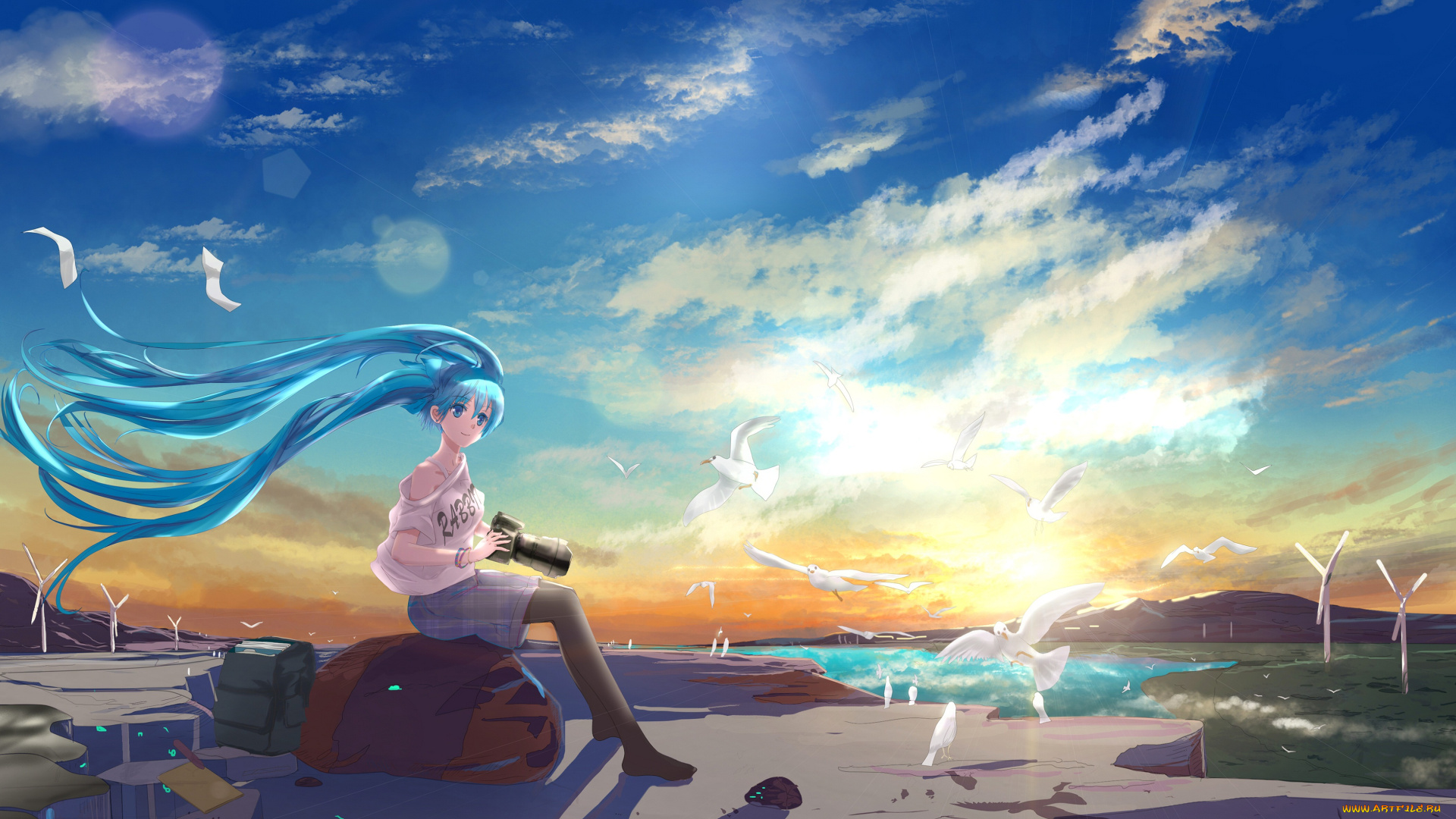 vocaloid, аниме, облака, природа, фотоаппарат, canji0, hatsune, miku, девушка, птицы, небо, арт