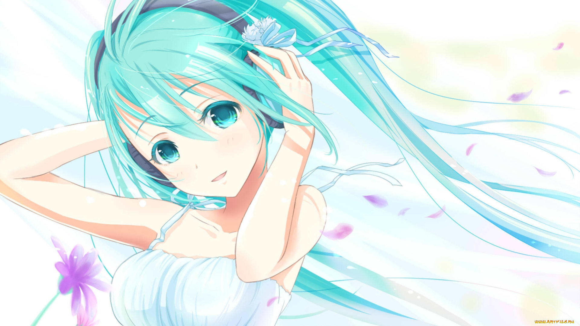 vocaloid, аниме, взгляд, hatsune, miku, девушка, yuki, art, вокалоид, лепестки, цветы, улыбка