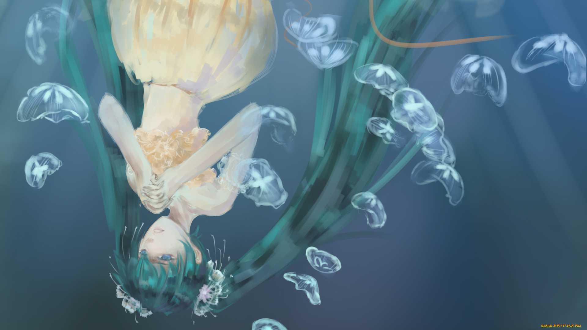 vocaloid, аниме, зеленые, волосы, вода, медузы, девушка, hatsune, miku