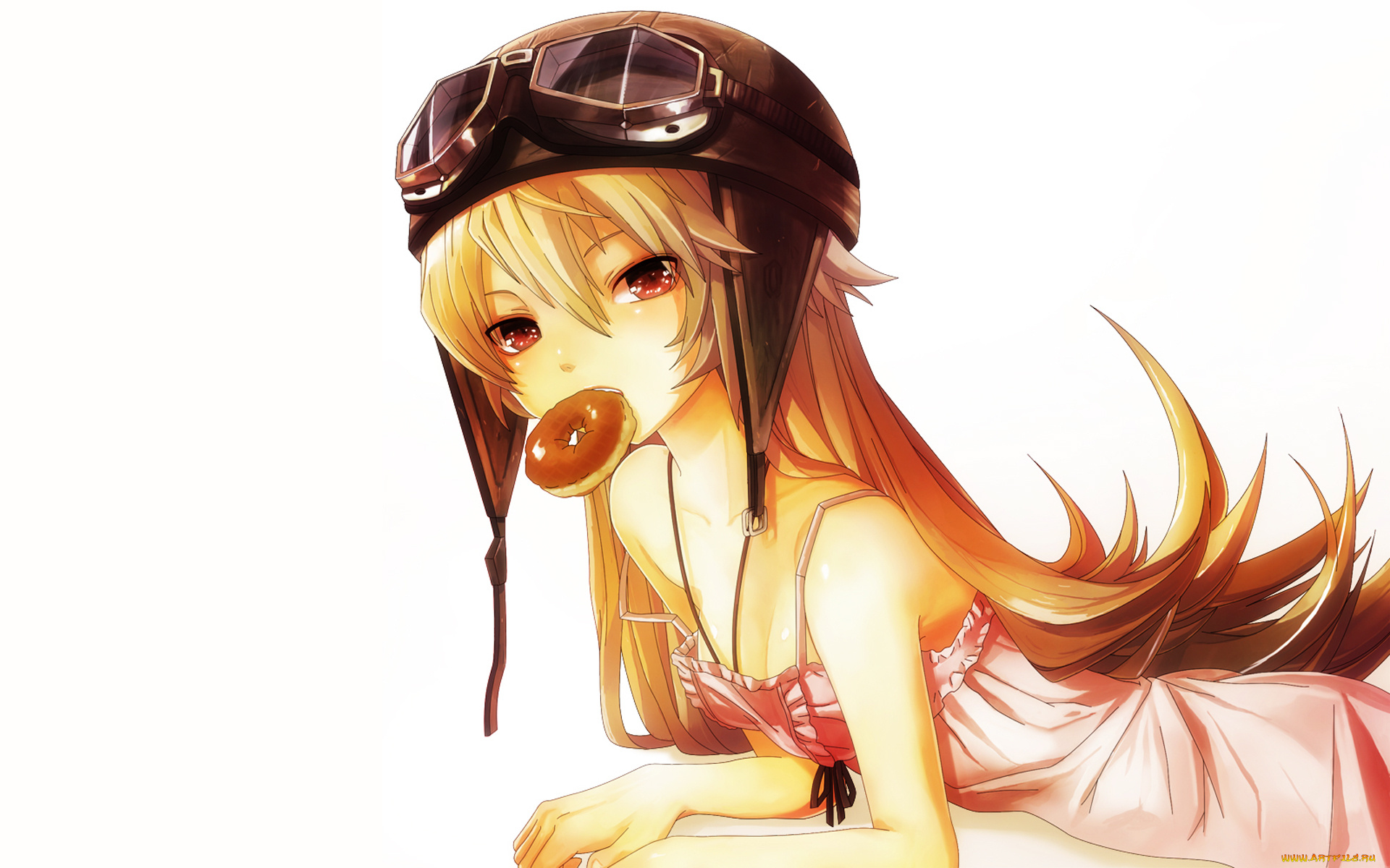 аниме, bakemonogatari, oshino, shinobu, платье, еда, поник, шлем, девушка