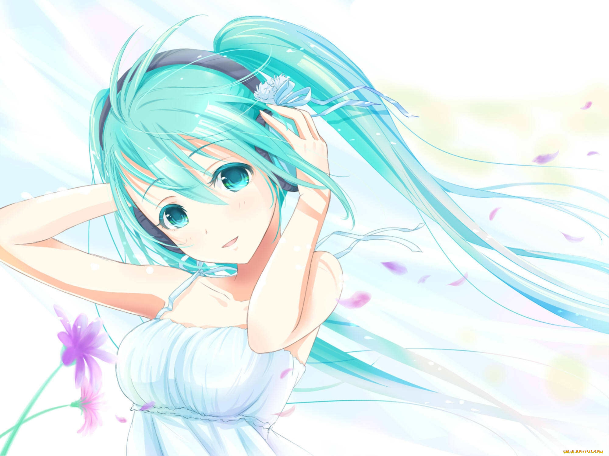 vocaloid, аниме, взгляд, hatsune, miku, девушка, yuki, art, вокалоид, лепестки, цветы, улыбка