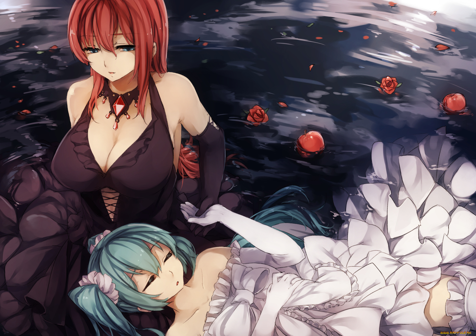 vocaloid, аниме, megurine, luka, девушки, hatsune, miku, цветы, яблоки, вода, грудь, mukuro238, kyouya, арт