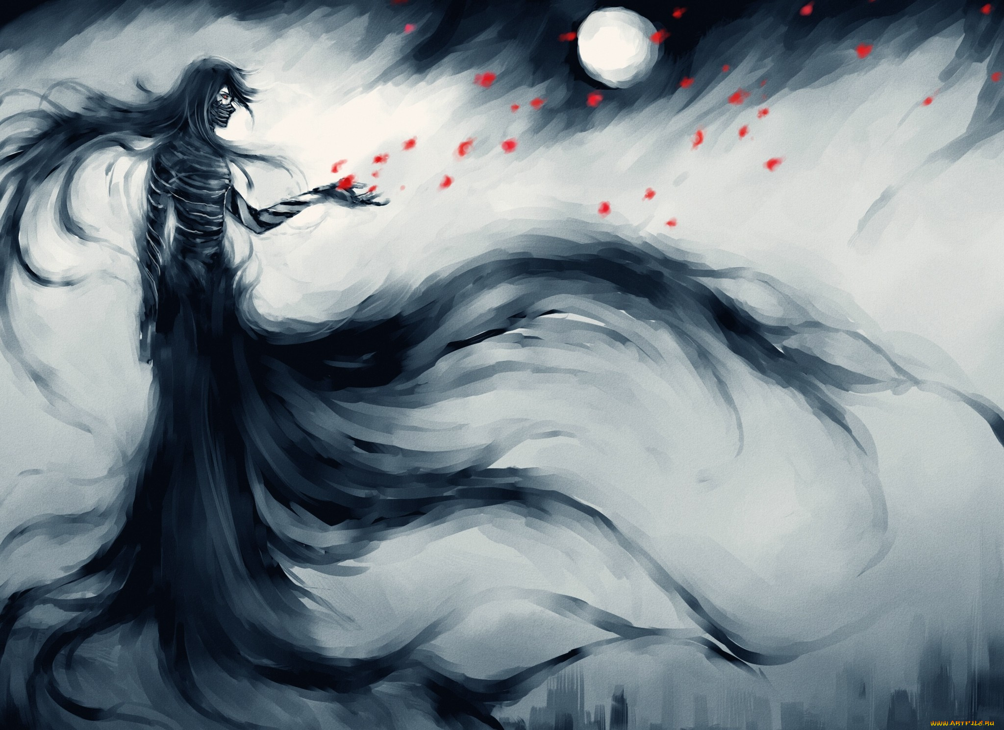 аниме, bleach, ночь, финальная, гецуга, парень, арт, блич, ичиго, луна, лепестки, куросаки