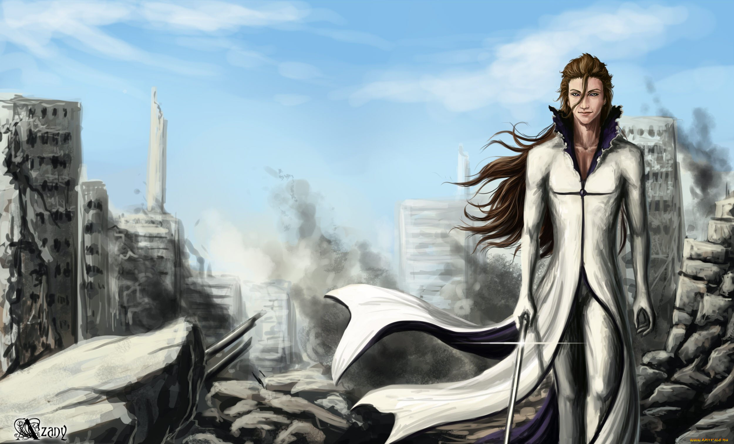 аниме, bleach, небо, облака, арт, айзен, соске, шатен, парень, руины, дым, камни, развалины, улыбка, белый, костюм