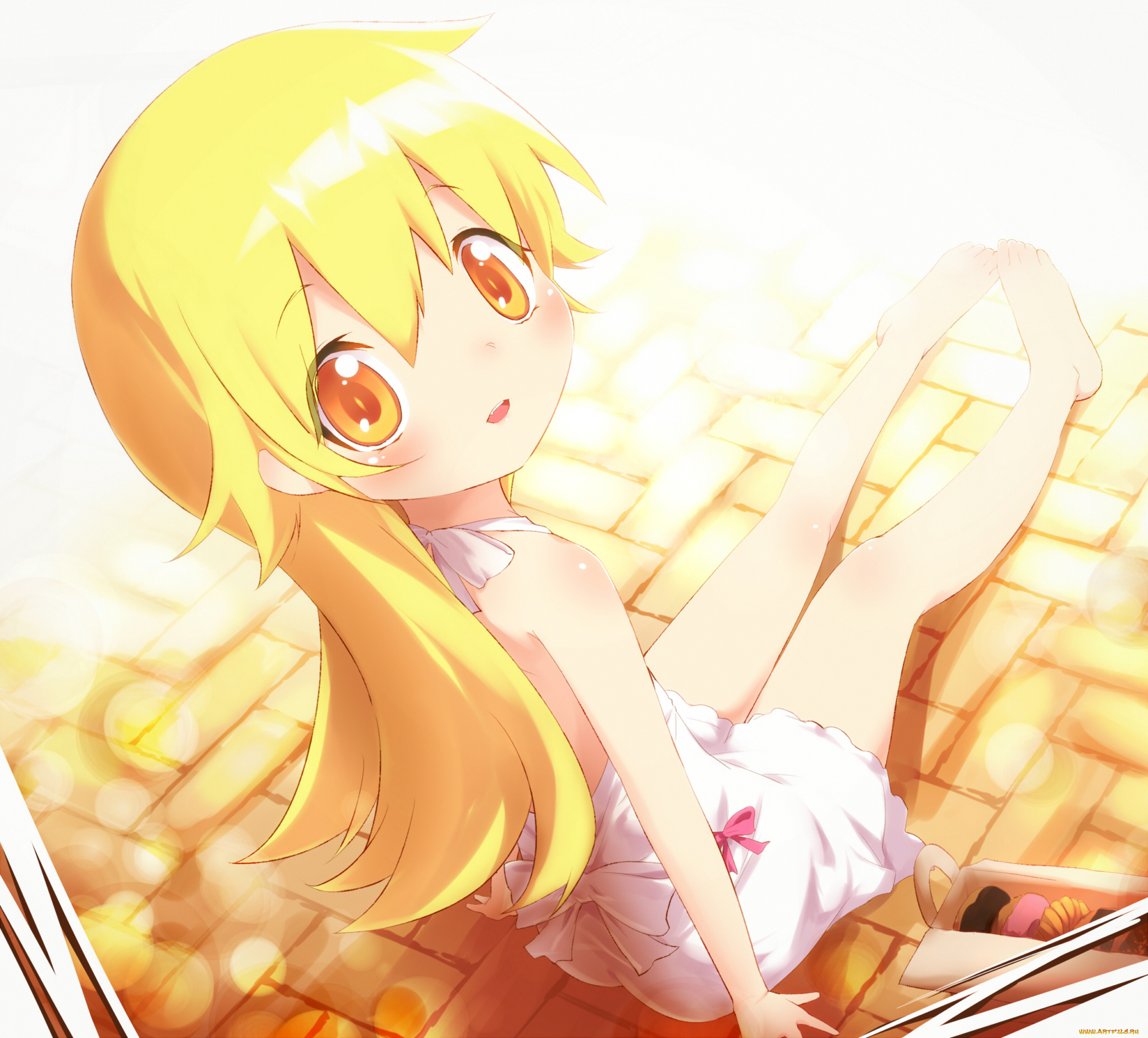аниме, bakemonogatari, пончики, платье, oshino, shinobu, взгляд, девушка, ayakashi, art