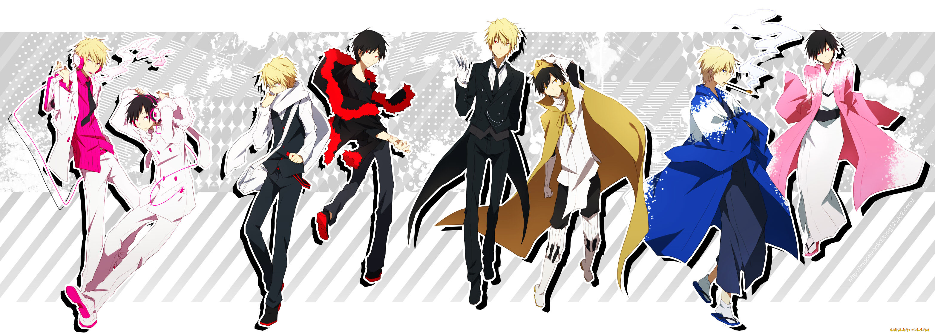 аниме, dyurarara, изая, орихара, персонажи, парни, дюрарара, брюнеты, блондины, ножи, белый, фон, полоски, шизуо, хейваджима