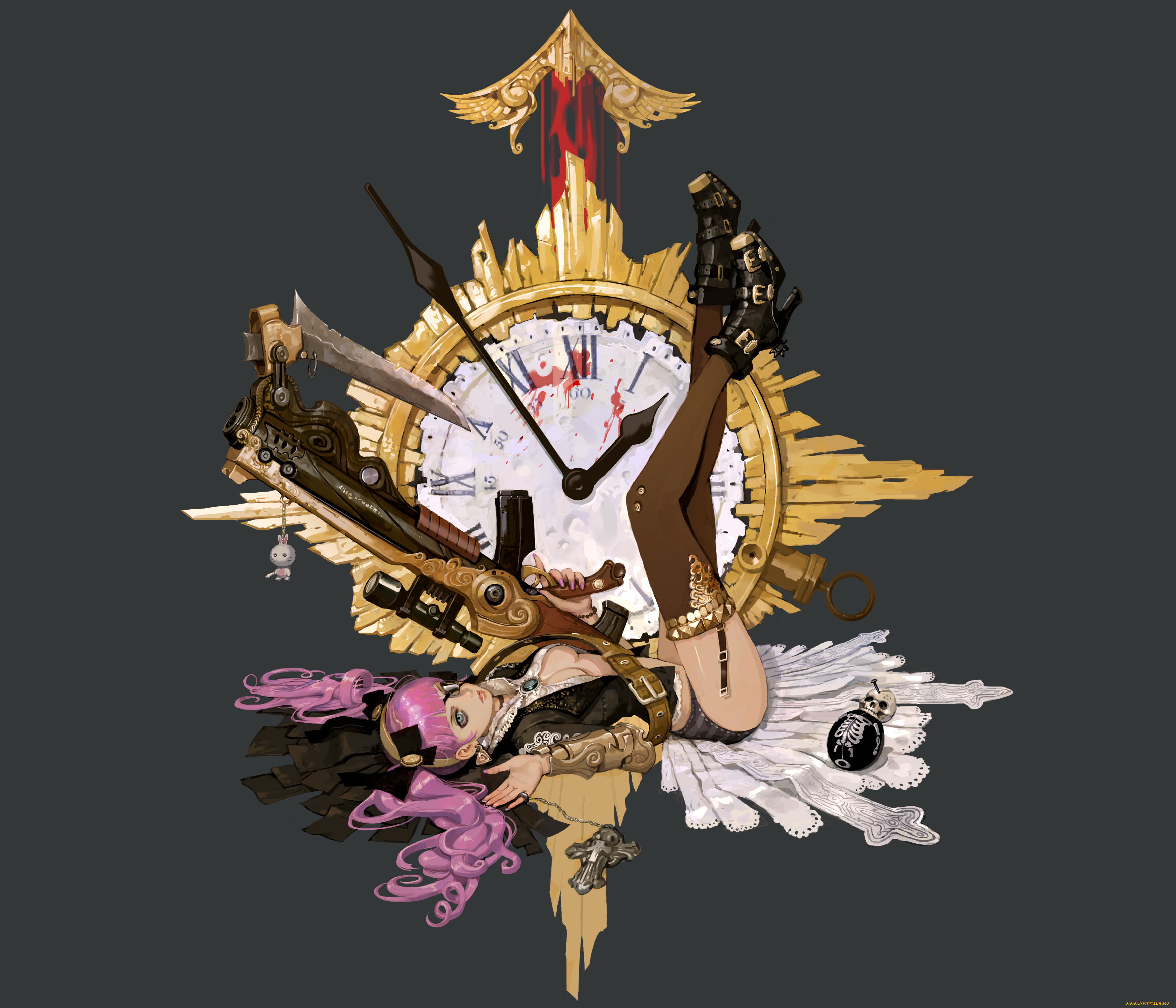 by, inshoo, аниме, -weapon, , blood, &, technology, стрелки, ленты, повязка, брелок, ружье, кровь, часы, девушка, граната, череп, прицел, крест, туфли, лезвие