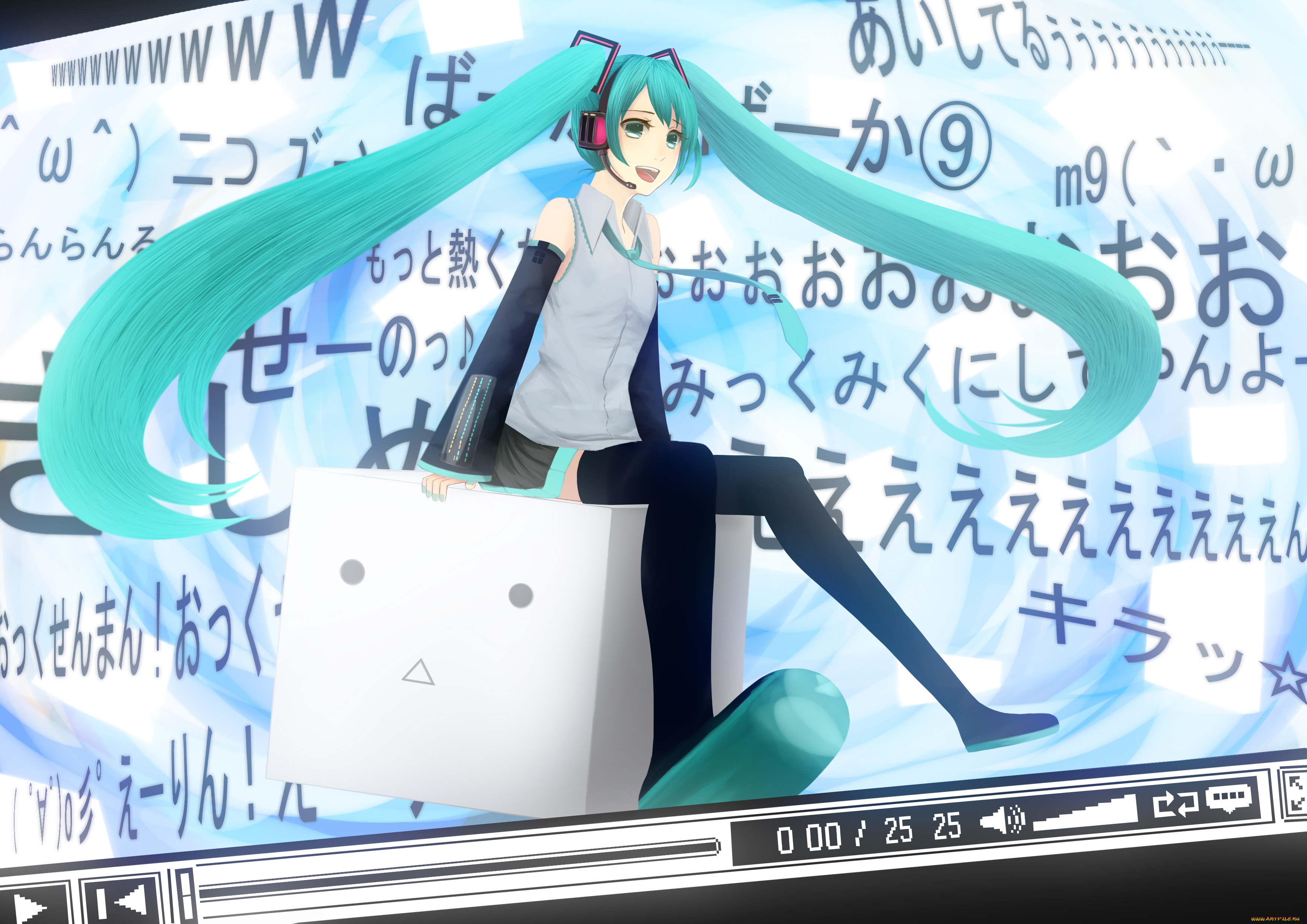 vocaloid, аниме, куб, иероглифы, сидит, наушники, улыбка, девушка, взгляд, медиаплеер, hatsune, miku, bounin, art
