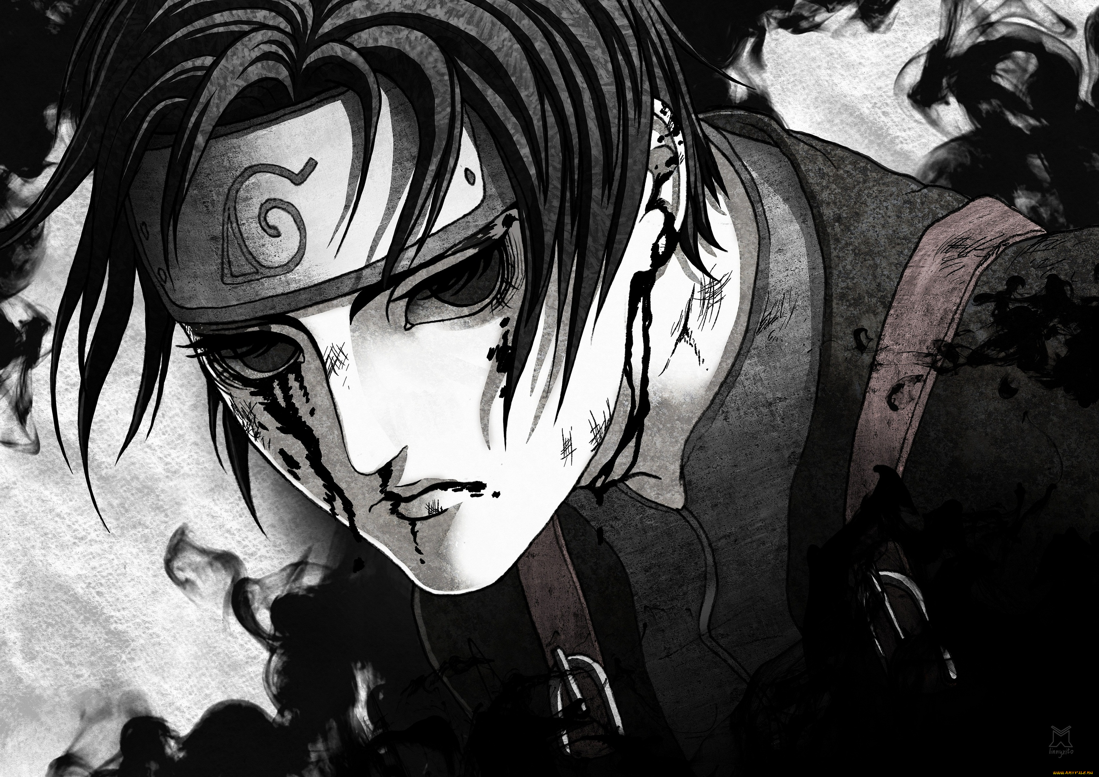 аниме, naruto, чёрно-белая, взгляд, лицо, парень, брюнет, арт, кровь, корень, анбу, лист, шиноби, сай