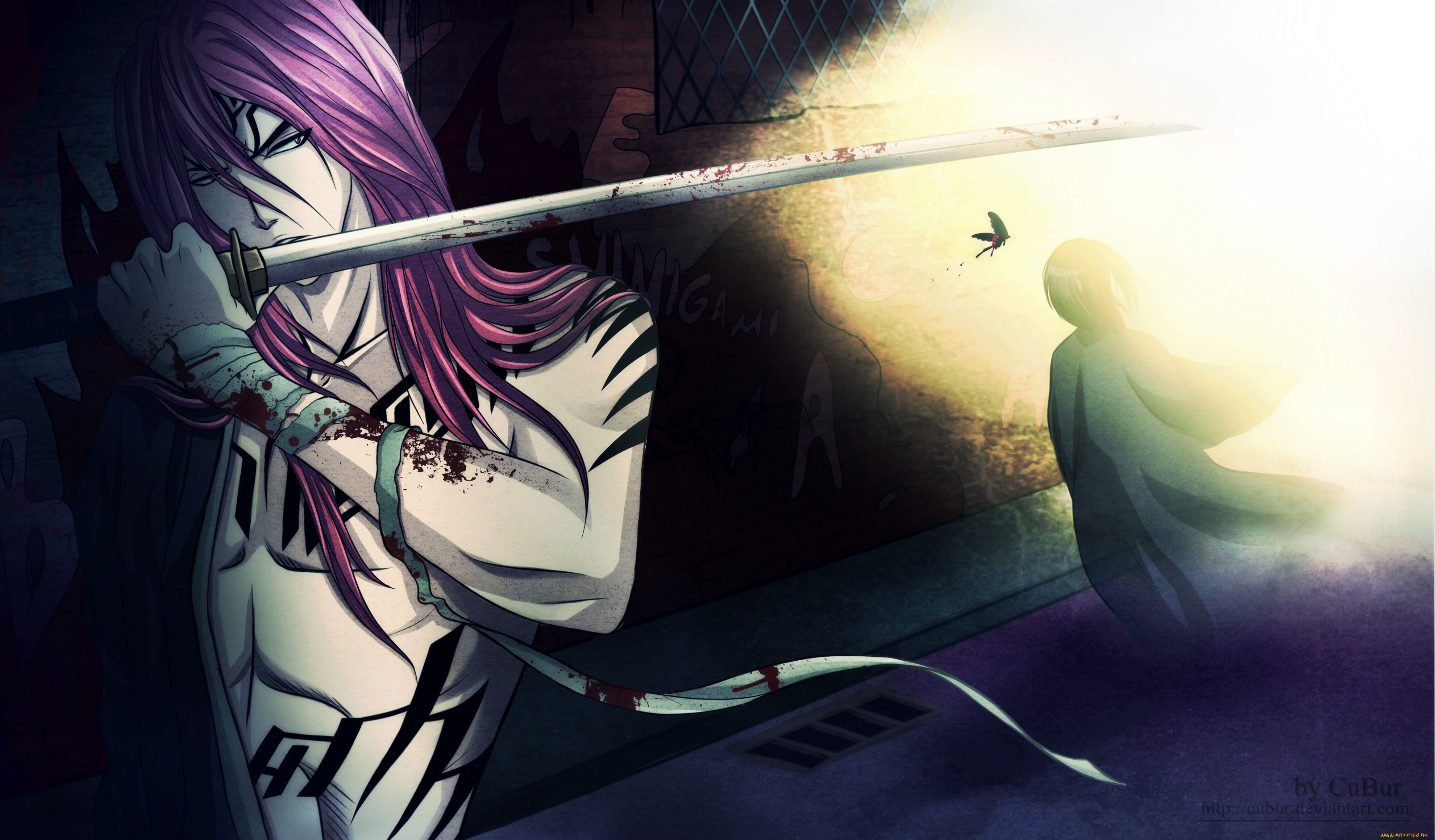 аниме, bleach, бабочка, бинт, кровь, тату, занпакто, лейтинант, парень, арт, блич, сияние